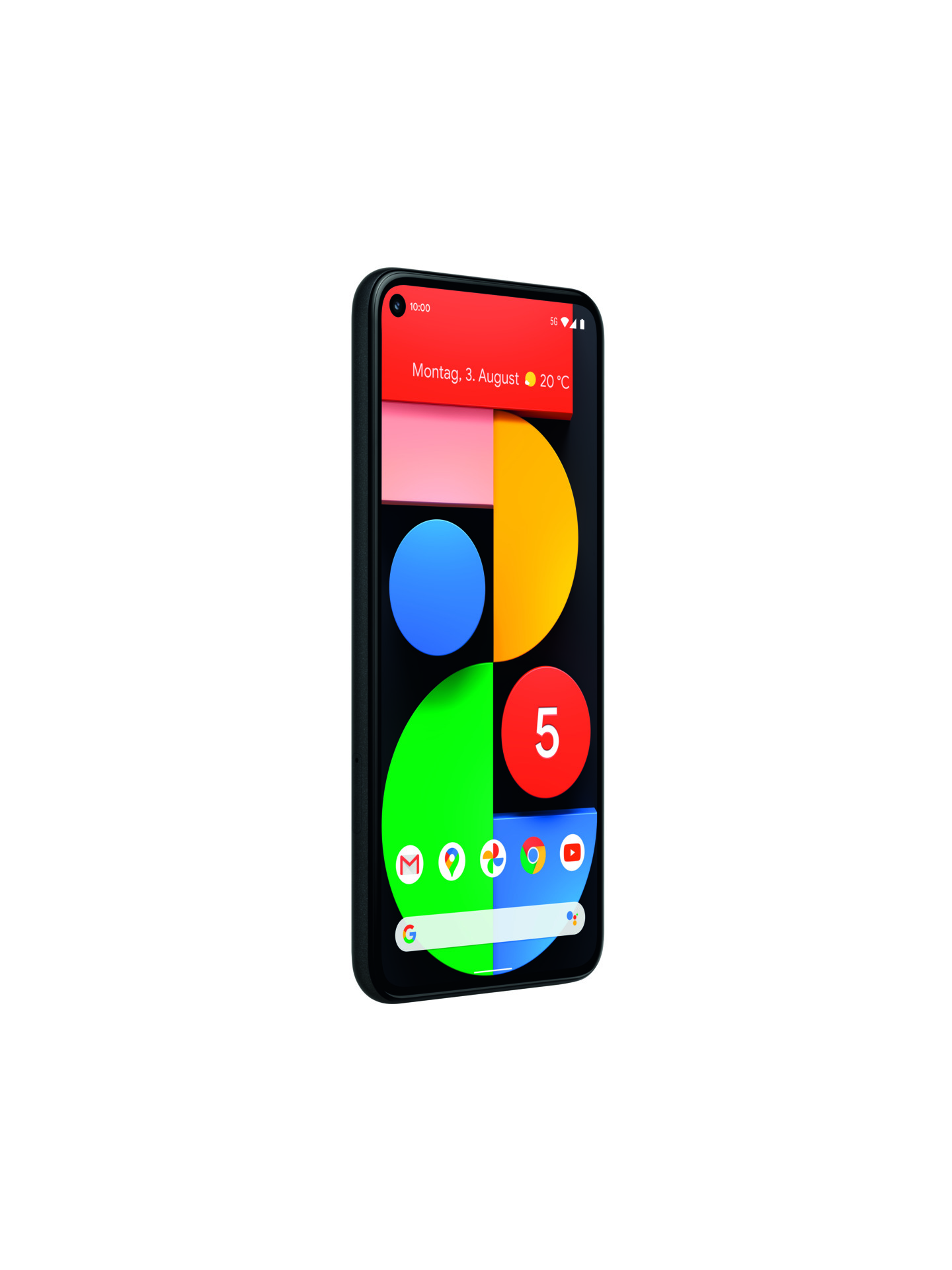 Smartphone negro con logo colorido de Google y el número 5 en la pantalla. La fecha es lunes 3 de agosto.