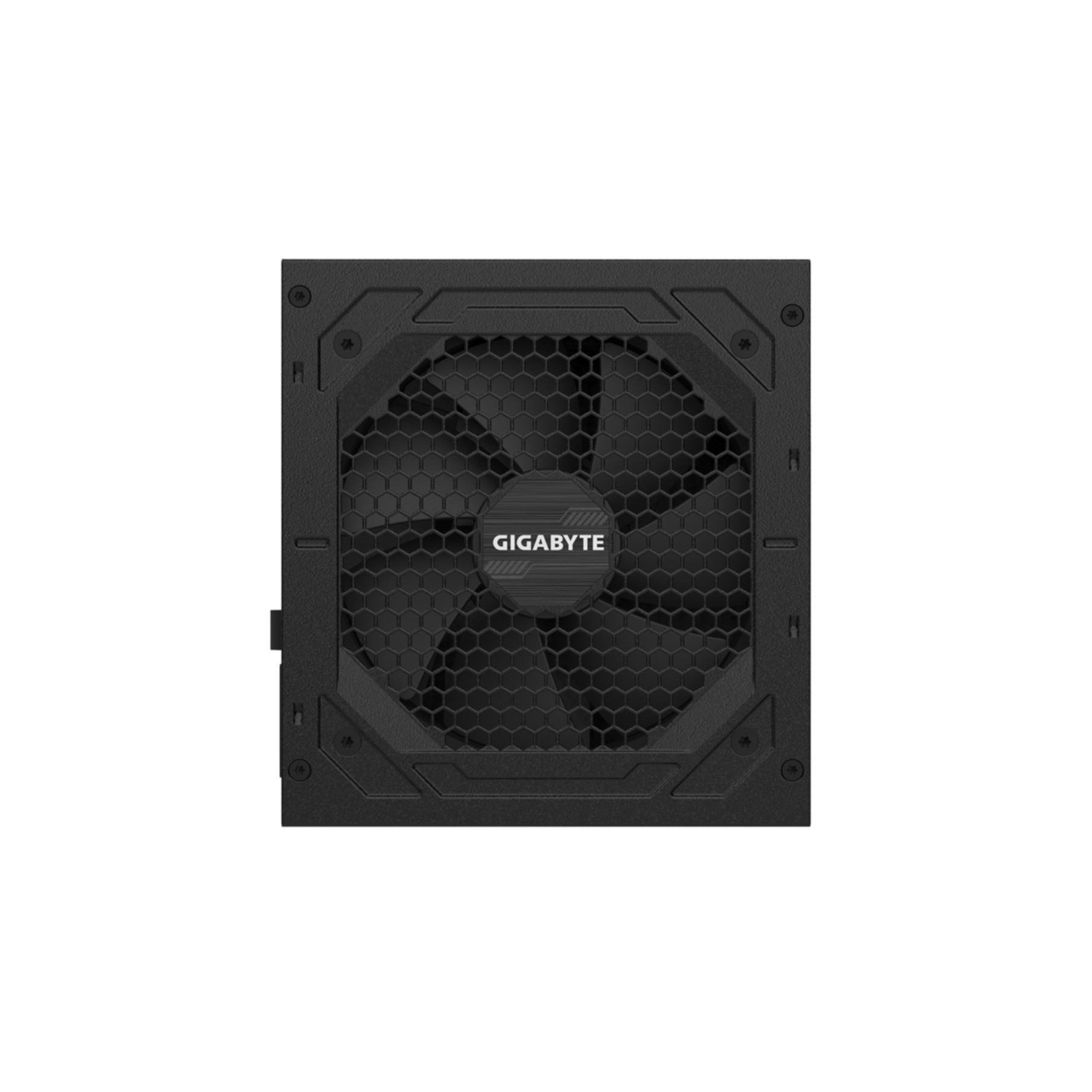 Czarny zasilacz komputerowy z wentylatorem. Widoczne logo Gigabyte.