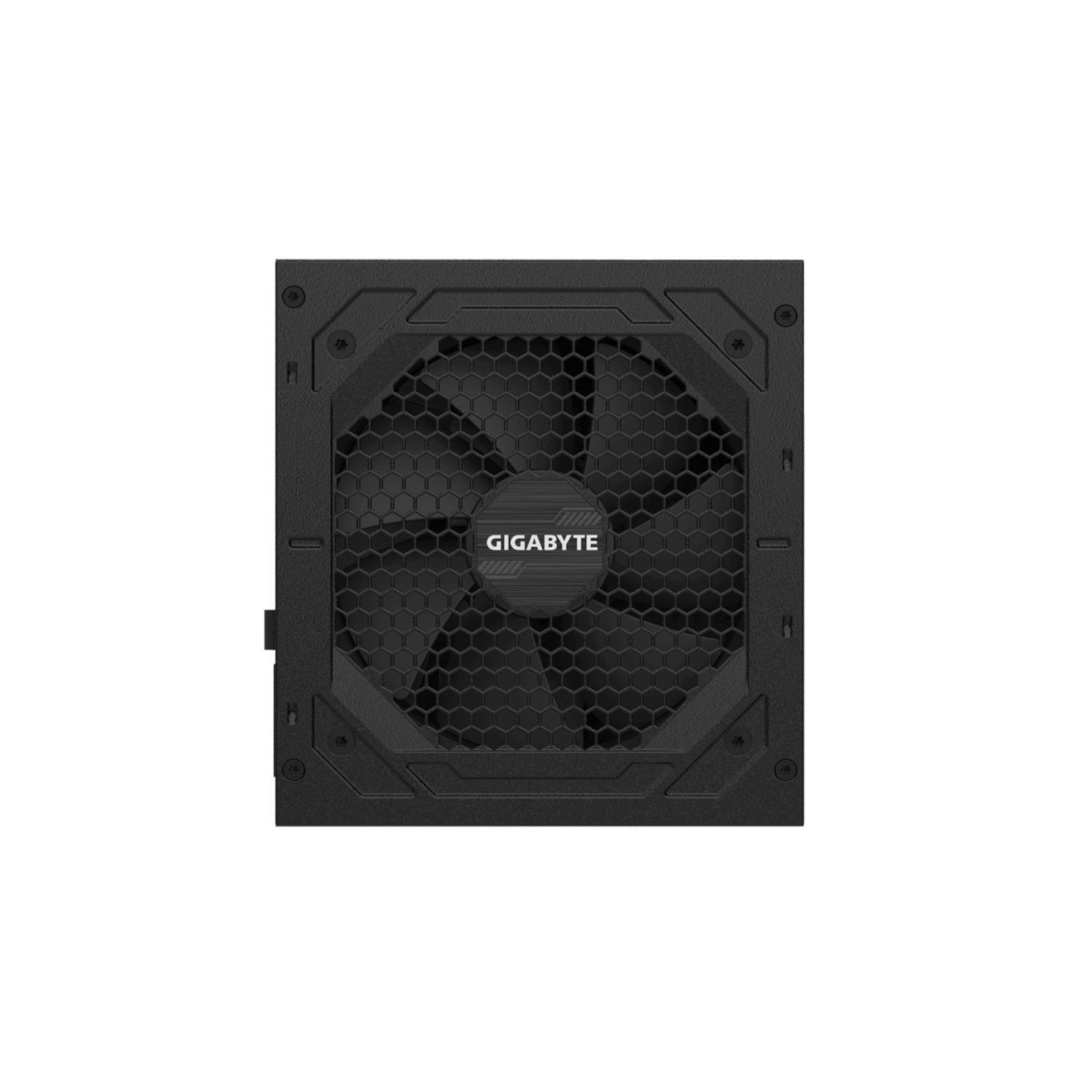 Schwarzes Computer-Netzteil mit Lüfter. Das Gigabyte-Logo ist sichtbar.