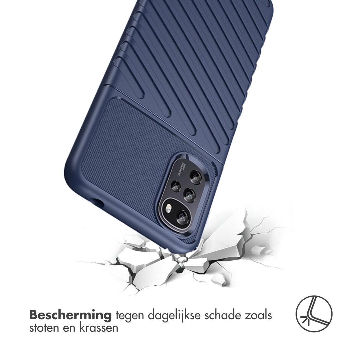 Coque de téléphone bleue avec un motif texturé qui tombe, des fissures se forment en dessous. Texte : Protection contre les dommages quotidiens.