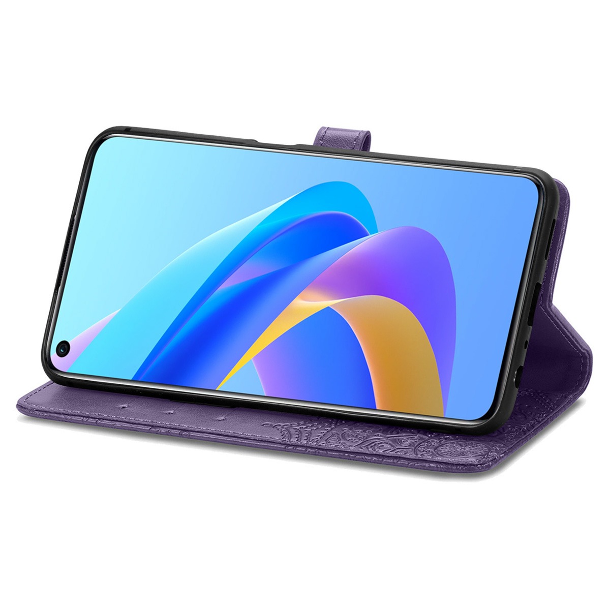 Coque de téléphone violette, ouverte, avec un téléphone à l'intérieur. Le téléphone est sur une table, avec un motif floral sur la coque.