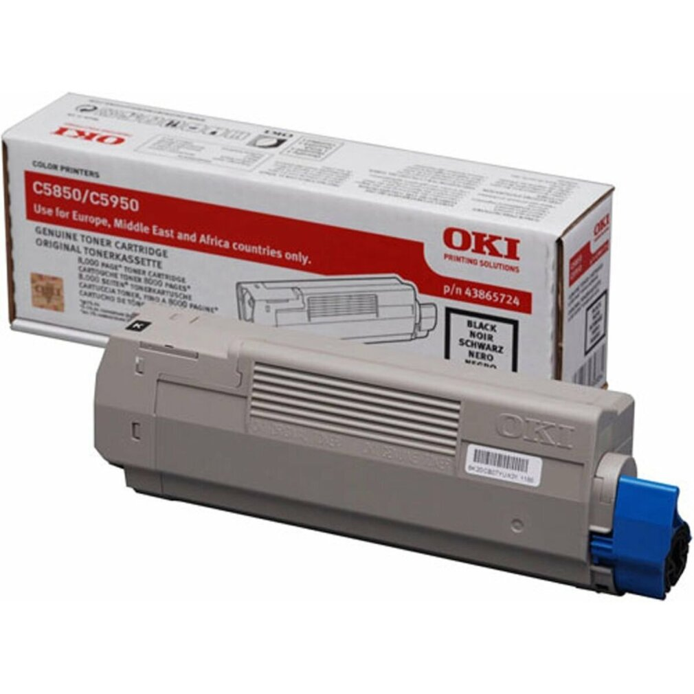 Een tonercartridge voor printers met een doos. De doos is wit en rood, de tonercartridge is grijs en blauw.