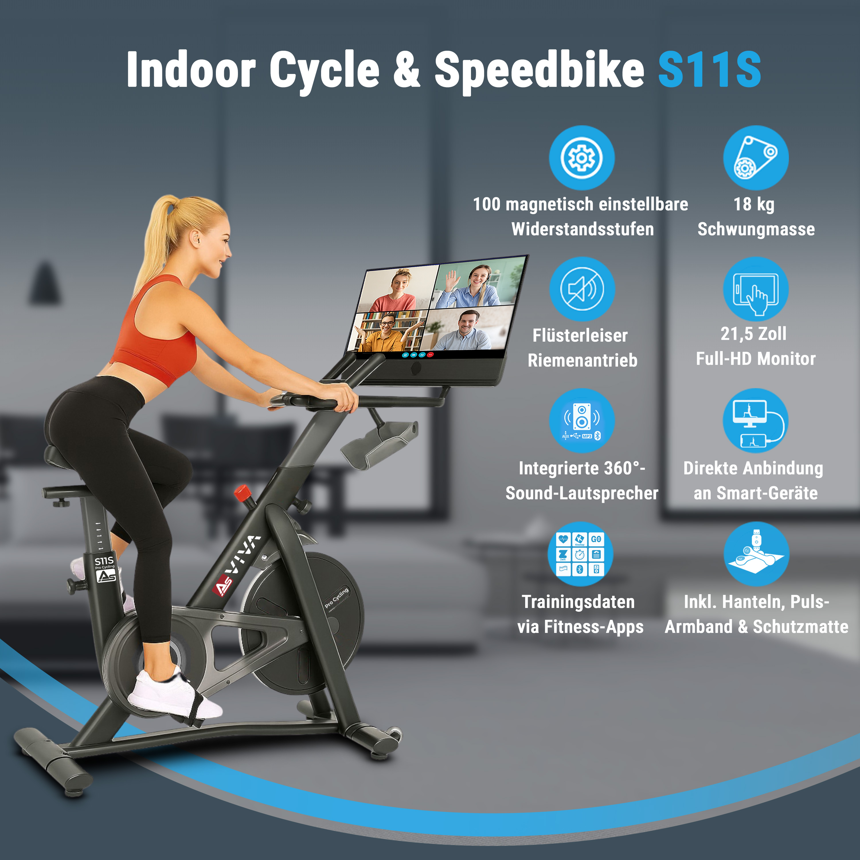 Eine Frau trainiert auf einem Indoor-Cycle und Speedbike. Das Fahrrad hat einen Bildschirm mit Videoanruf.
