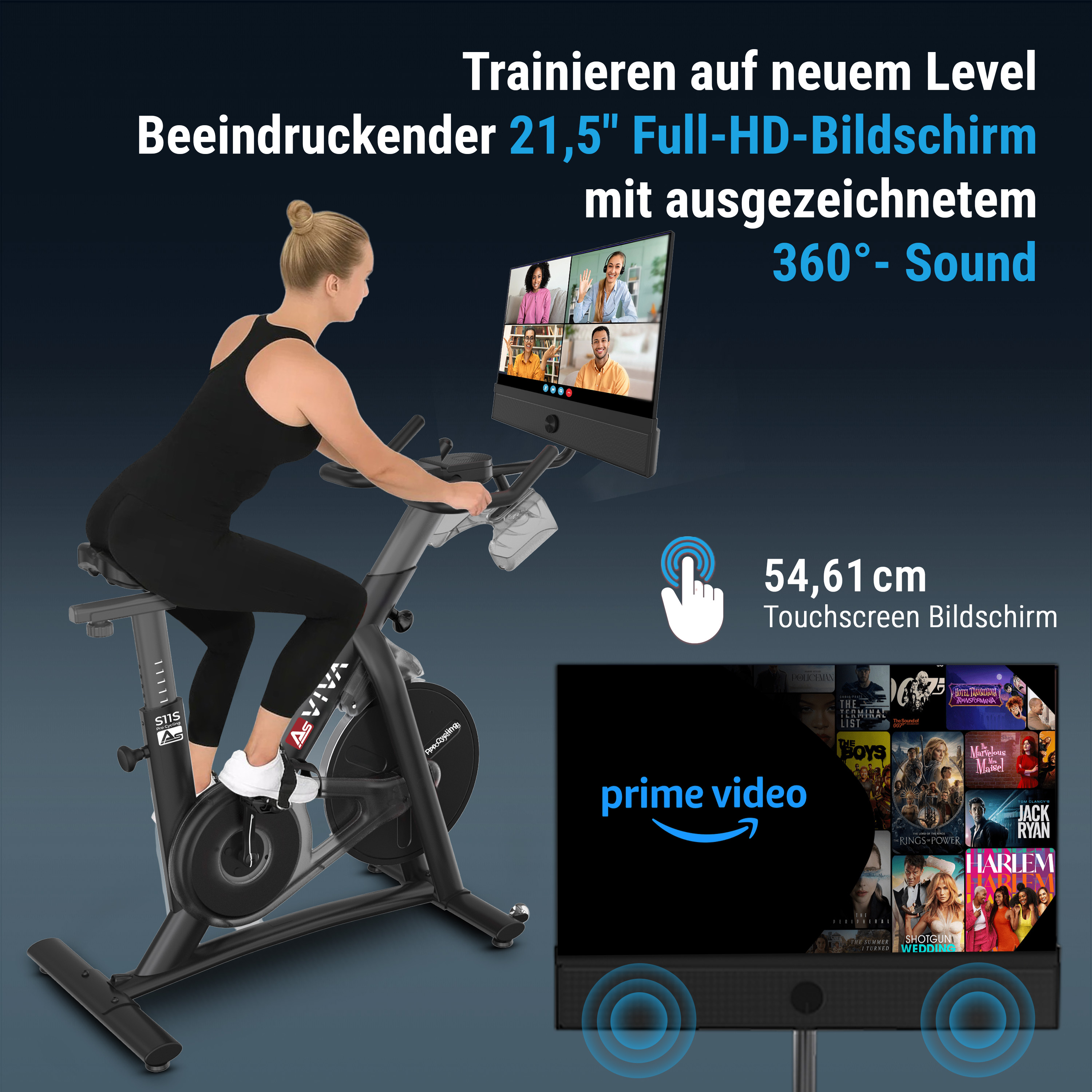 Frau auf einem Heimtrainer, schaut einen Bildschirm mit Videoanruf. Touchscreen-Anzeigeinformationen sind sichtbar.