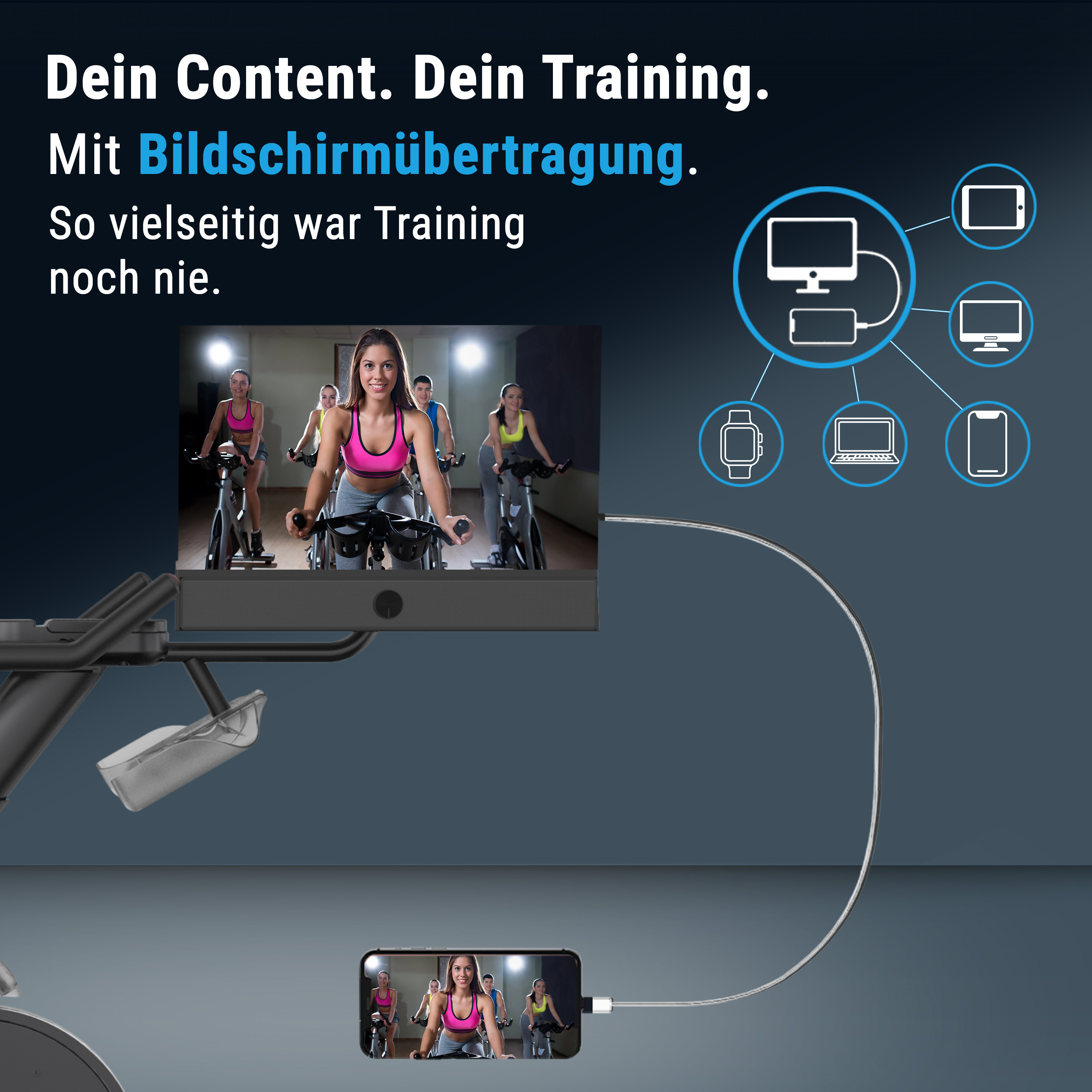 Gruppe von Radfahrern, die einen Bildschirm betrachten. Telefon ist mit dem Display eines Fahrrads verbunden. Verschiedene Geräte sind angeschlossen.