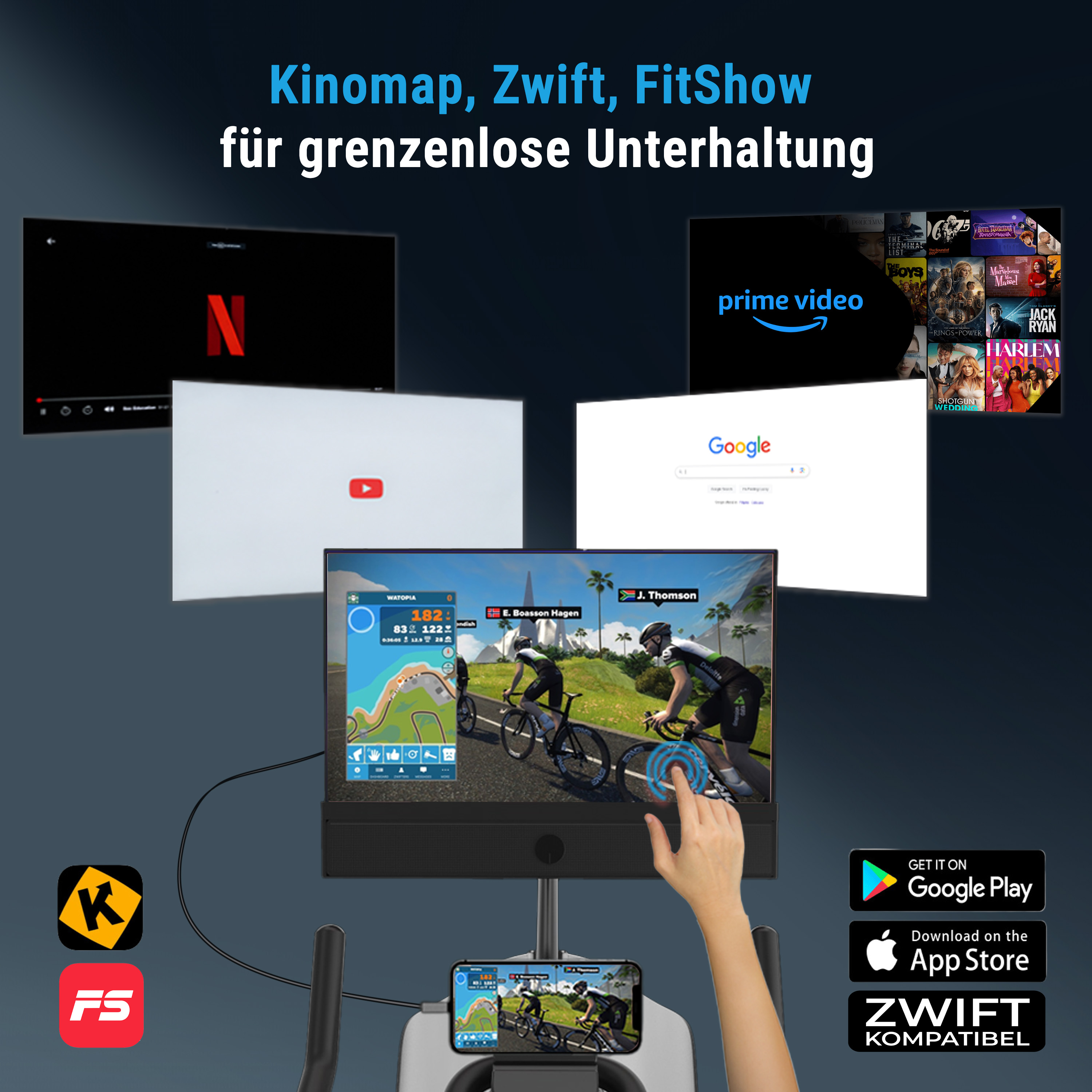 Bildschirm zeigt verschiedene App-Oberflächen, darunter Netflix, Prime Video und Zwift. Eine Person interagiert mit dem Bildschirm.