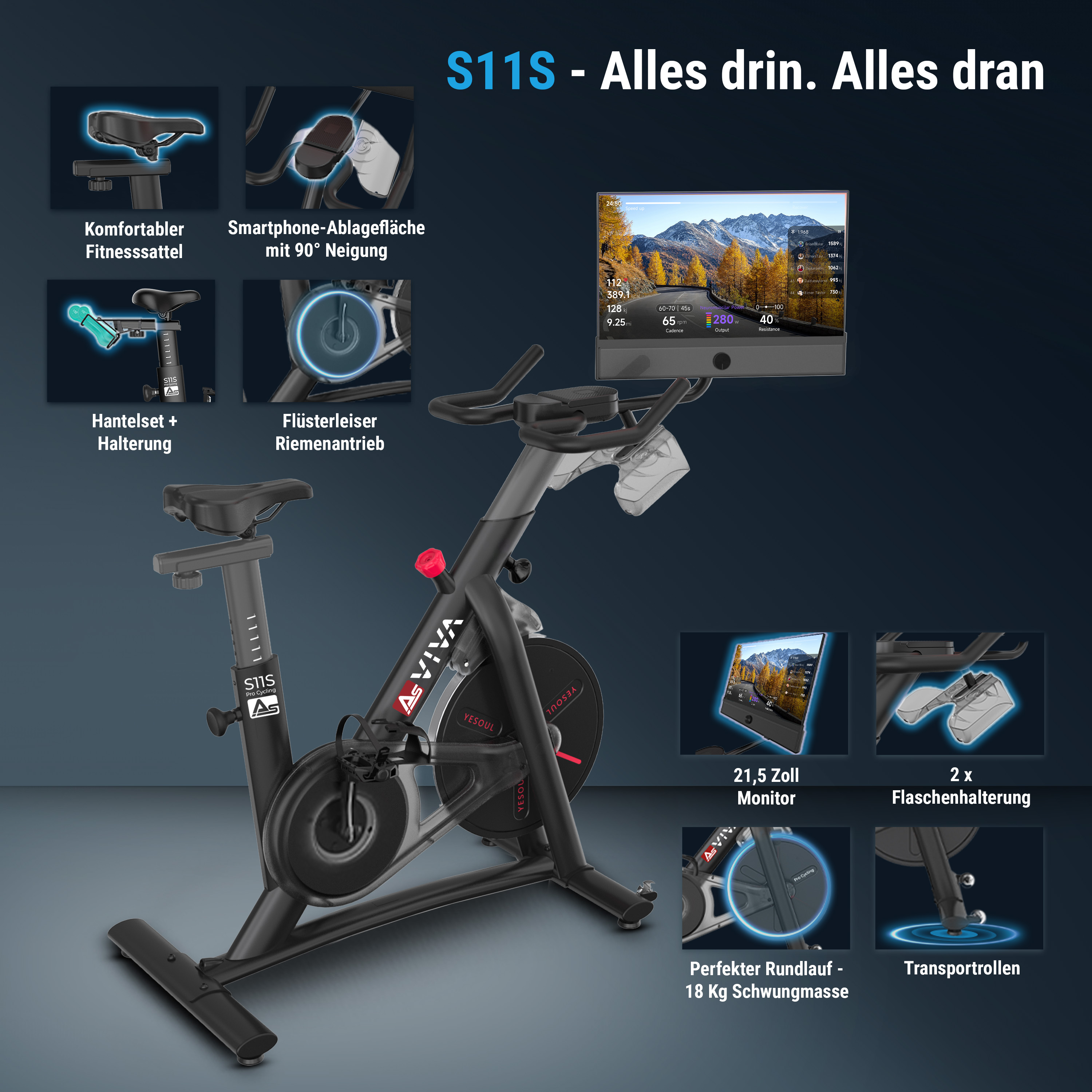 Ein stationäres Fahrrad mit verschiedenen Funktionen wie Display, Wasserflaschenhaltern und Handgewichten.