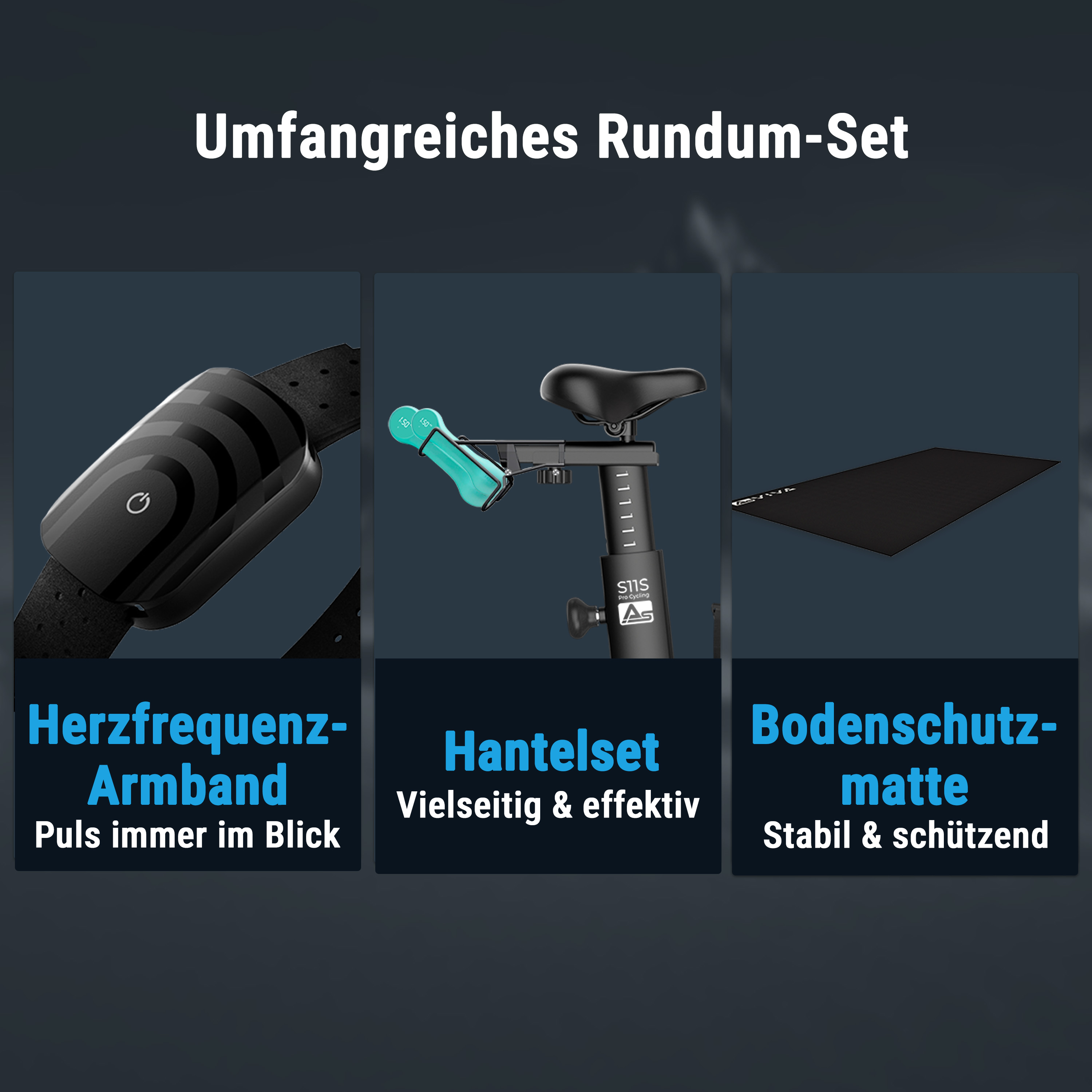 Bild zeigt einen Herzfrequenzmesser, ein Hantelset und eine Bodenmatte. Jeder Artikel ist mit seiner Funktion beschriftet.