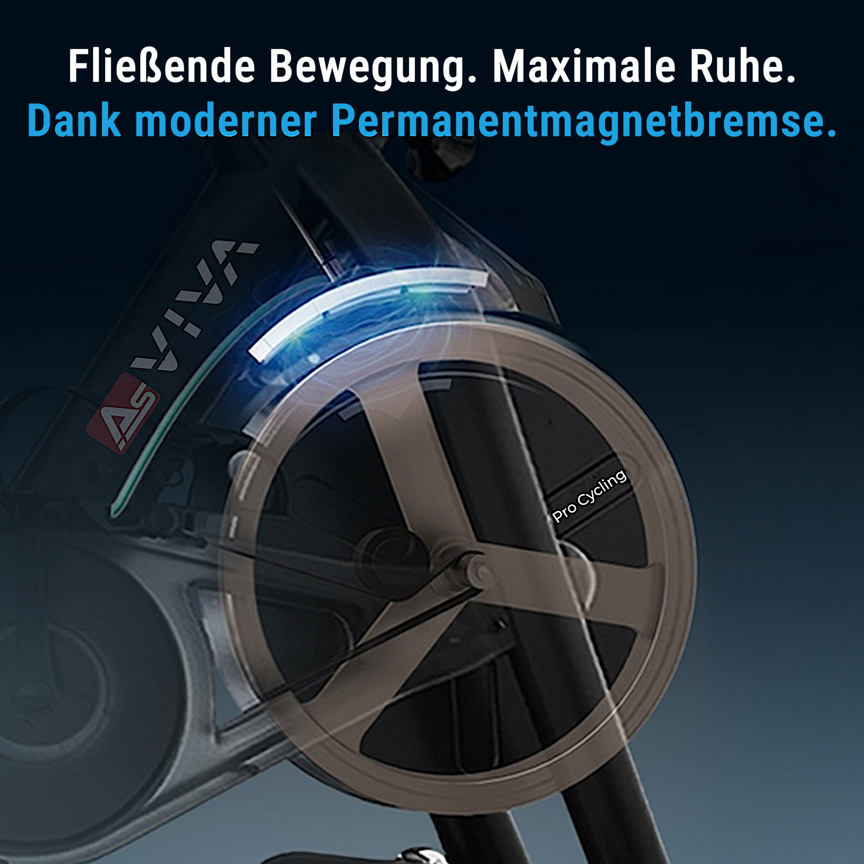 Nahaufnahme eines sich drehenden Fahrradrads mit Text, der die sanfte Bewegung und die Magnetbremse beschreibt.