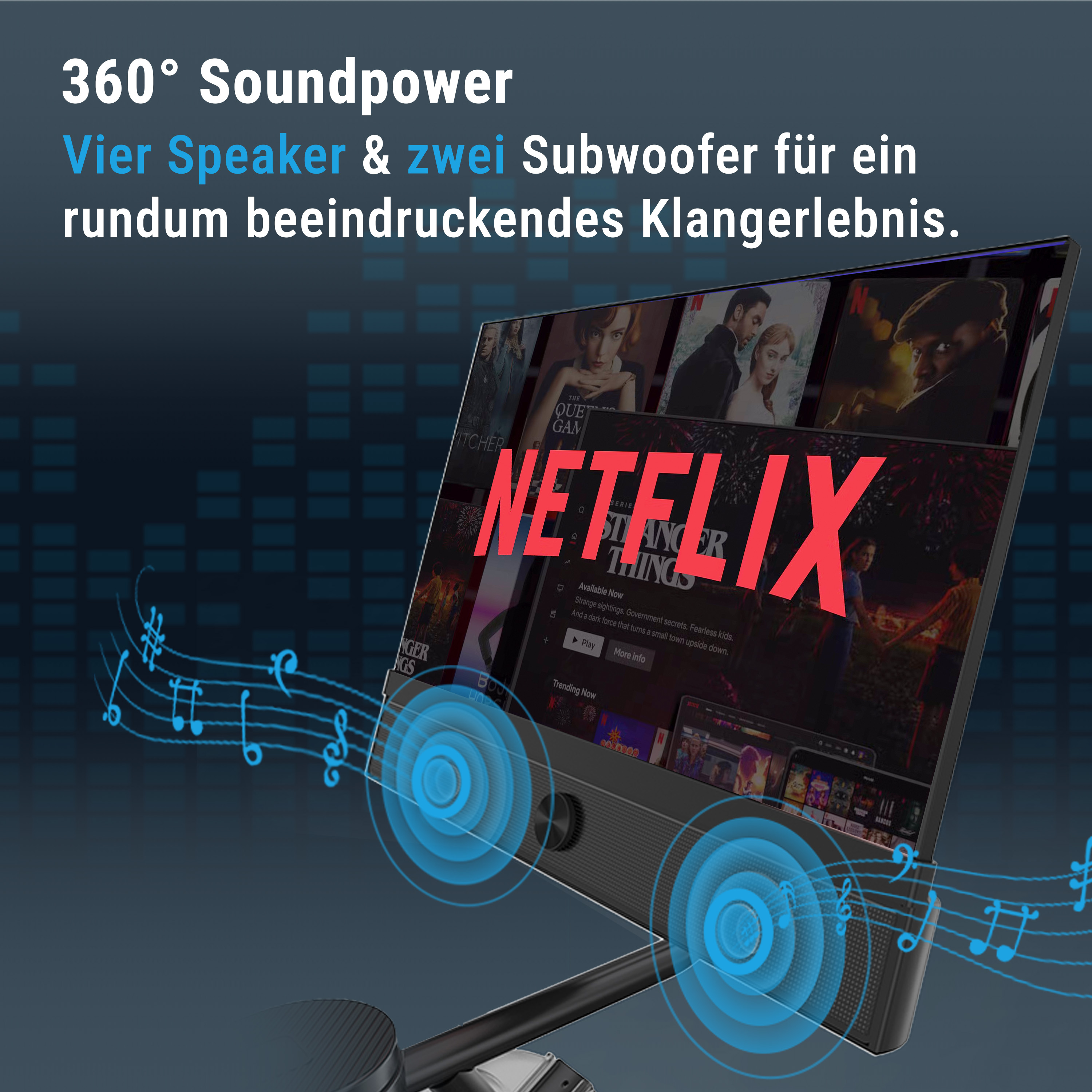 Ein Bildschirm mit Netflix, Lautsprechern und Noten. Der Text lautet '360° Soundpower'.