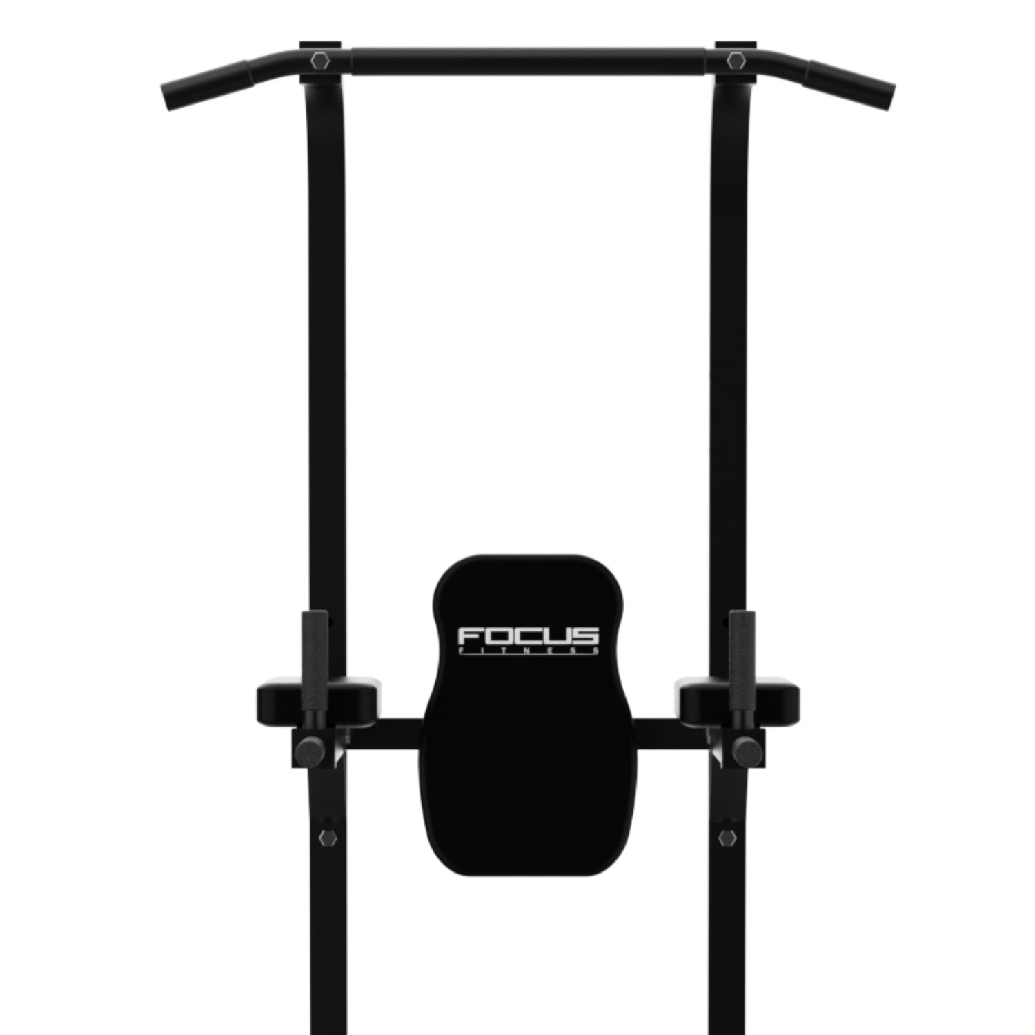 Zwarte fitnessapparatuur. Verticale staven, horizontale staaf en een rugsteun met het woord FOCUS.