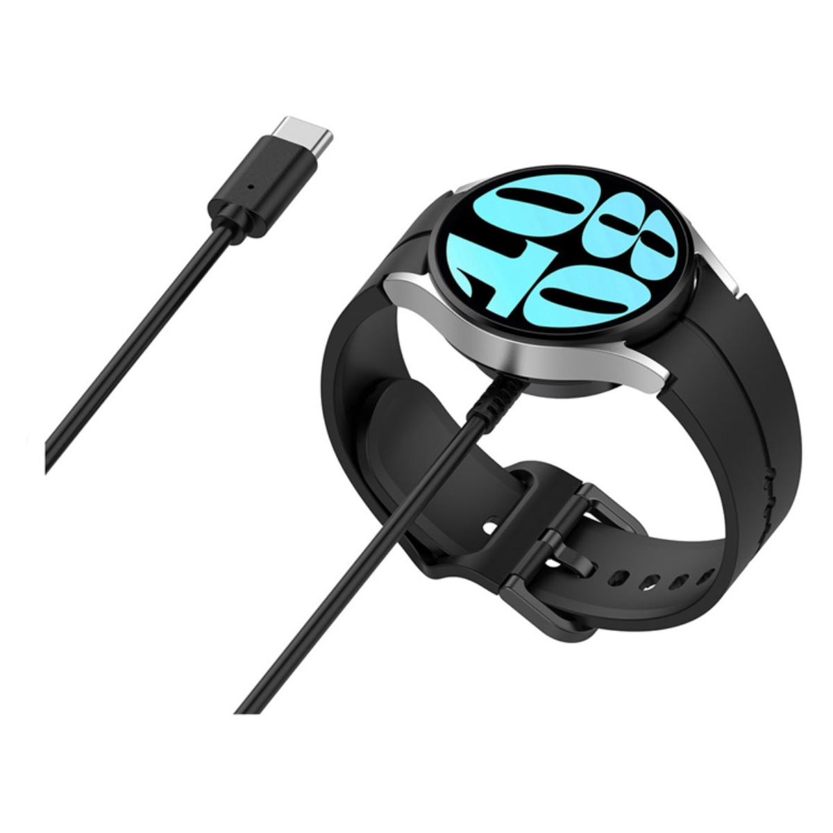 Schwarze Smartwatch auf Ladegerät mit Kabel.