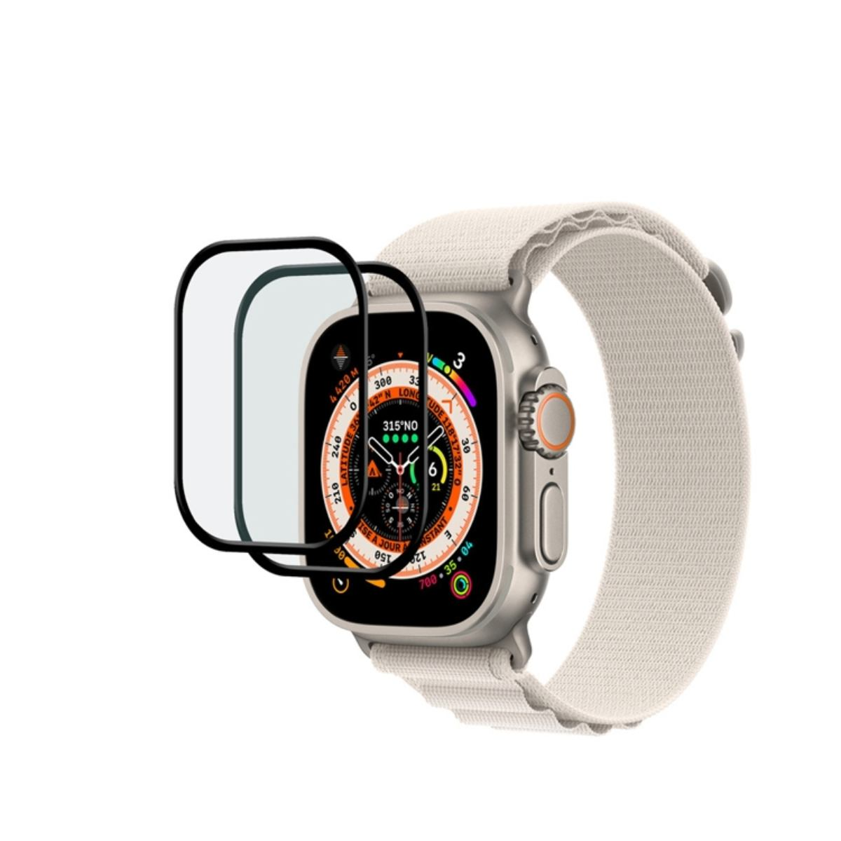 Apple Watch argento con cinturino bianco e protezione schermo.