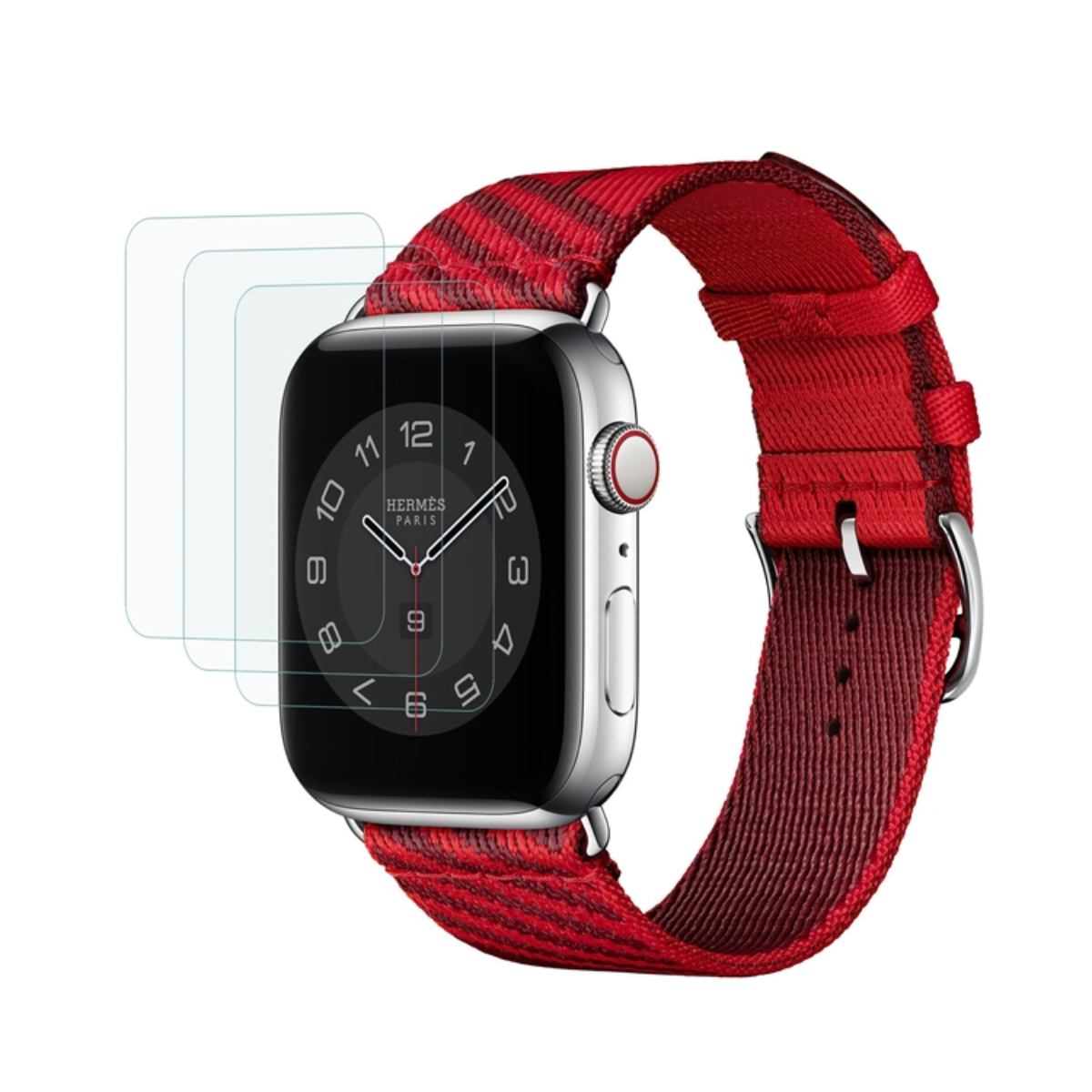 Apple Watch argento con cinturino a righe rosse, protezioni.