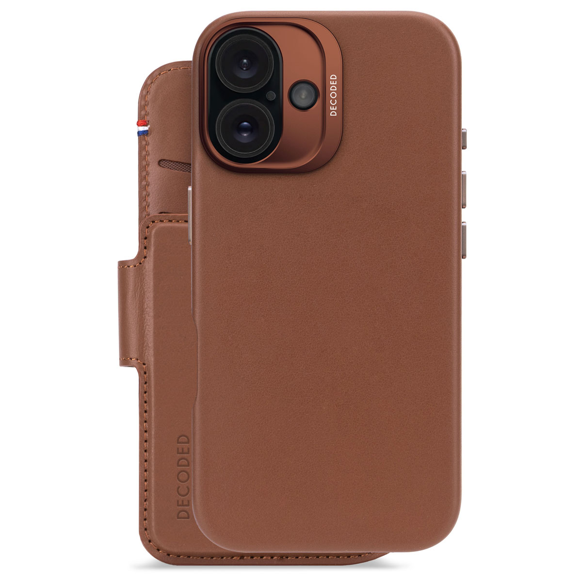 Custodia marrone per telefono con portafoglio. La custodia ha ritagli per la fotocamera. Il portafoglio è aperto. Il logo è visibile.