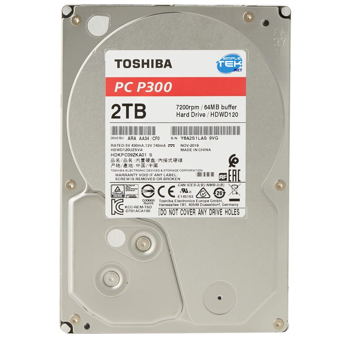 Srebrny dysk twardy Toshiba PC P300 2TB. Szczegóły tekstowe dotyczące modelu, specyfikacji i certyfikatów.