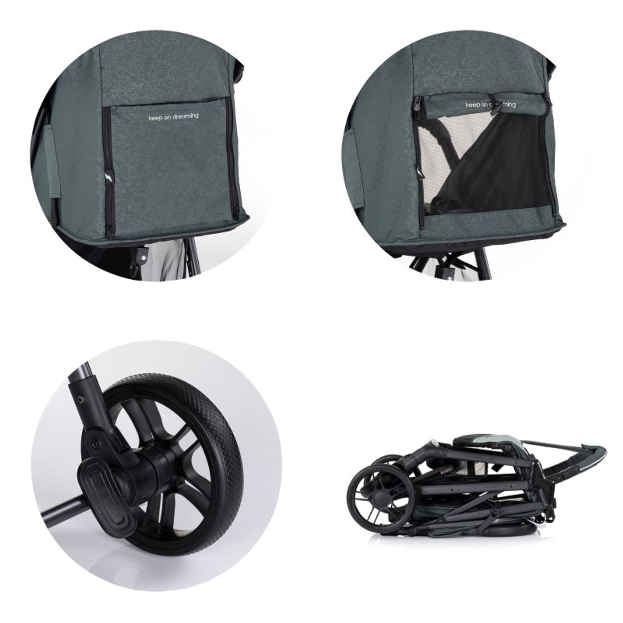 Ein dunkelgrüner Kinderwagen mit schwarzen Rädern, zusammengeklappt. Details sind eine Tasche mit dem Text 'keep on dreaming'.