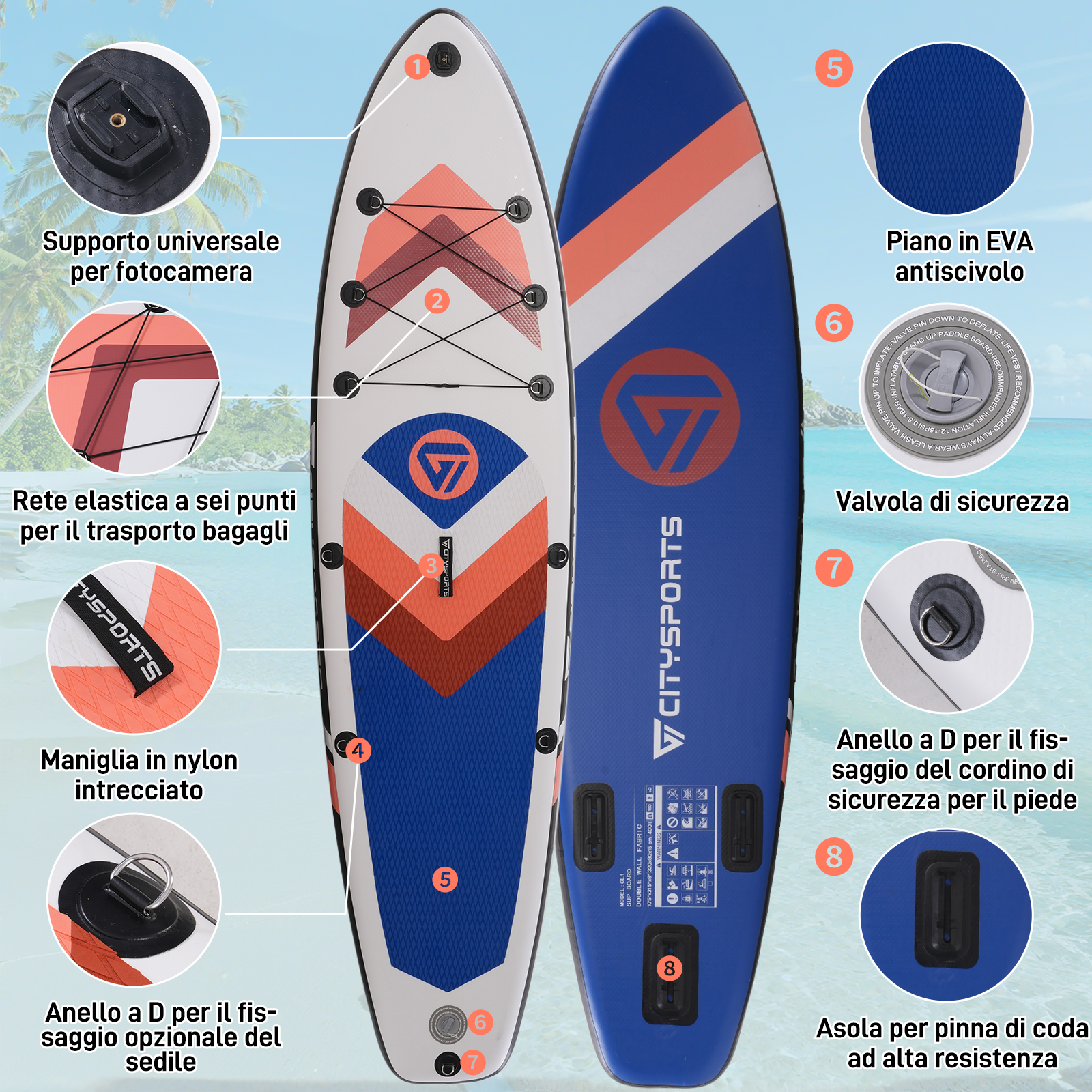 Caratteristiche del paddleboard: supporto fotocamera, rete elastica, maniglia, anelli a D, EVA e attacco pinna.