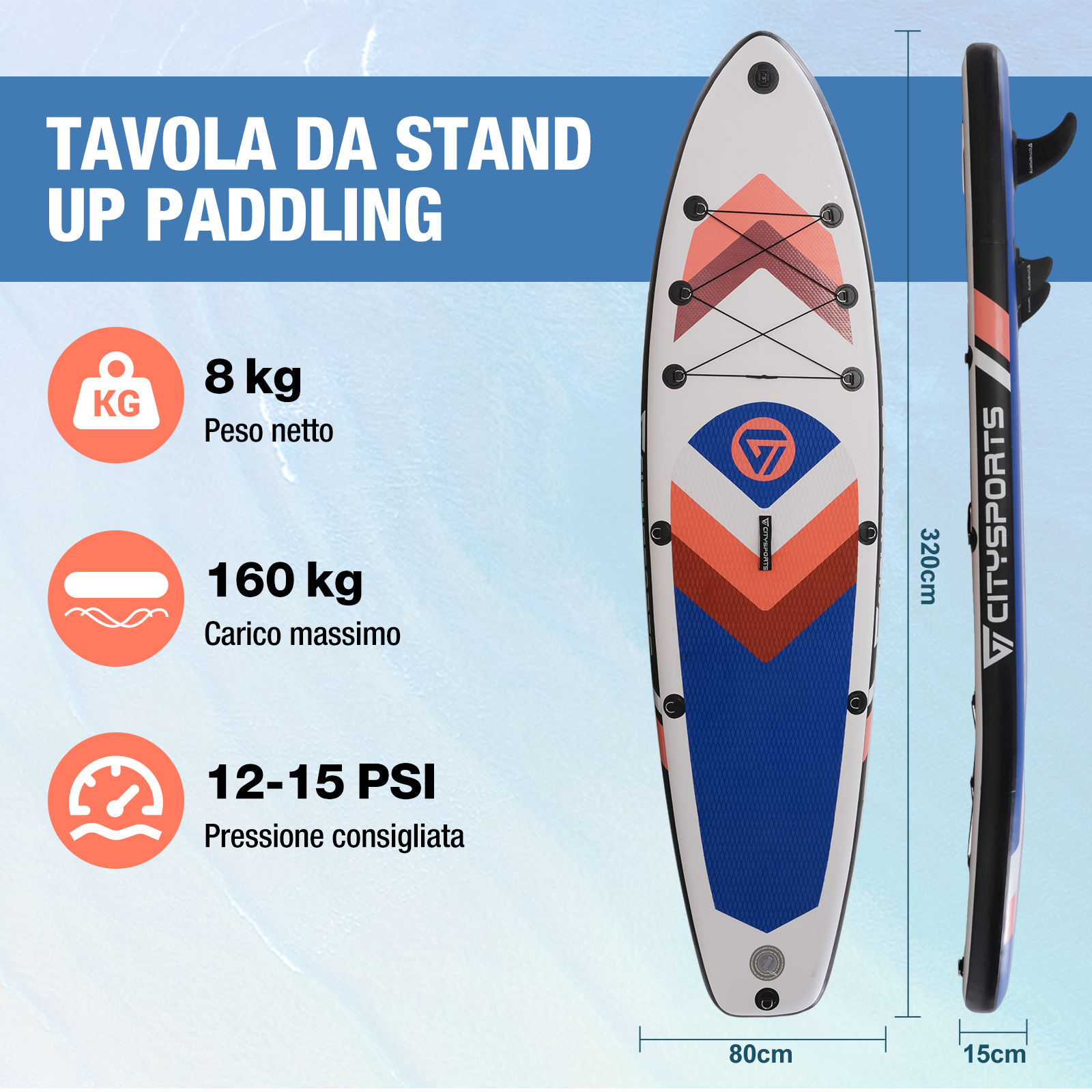 Paddleboard con dimensioni, peso e informazioni sulla capacità di carico massima.