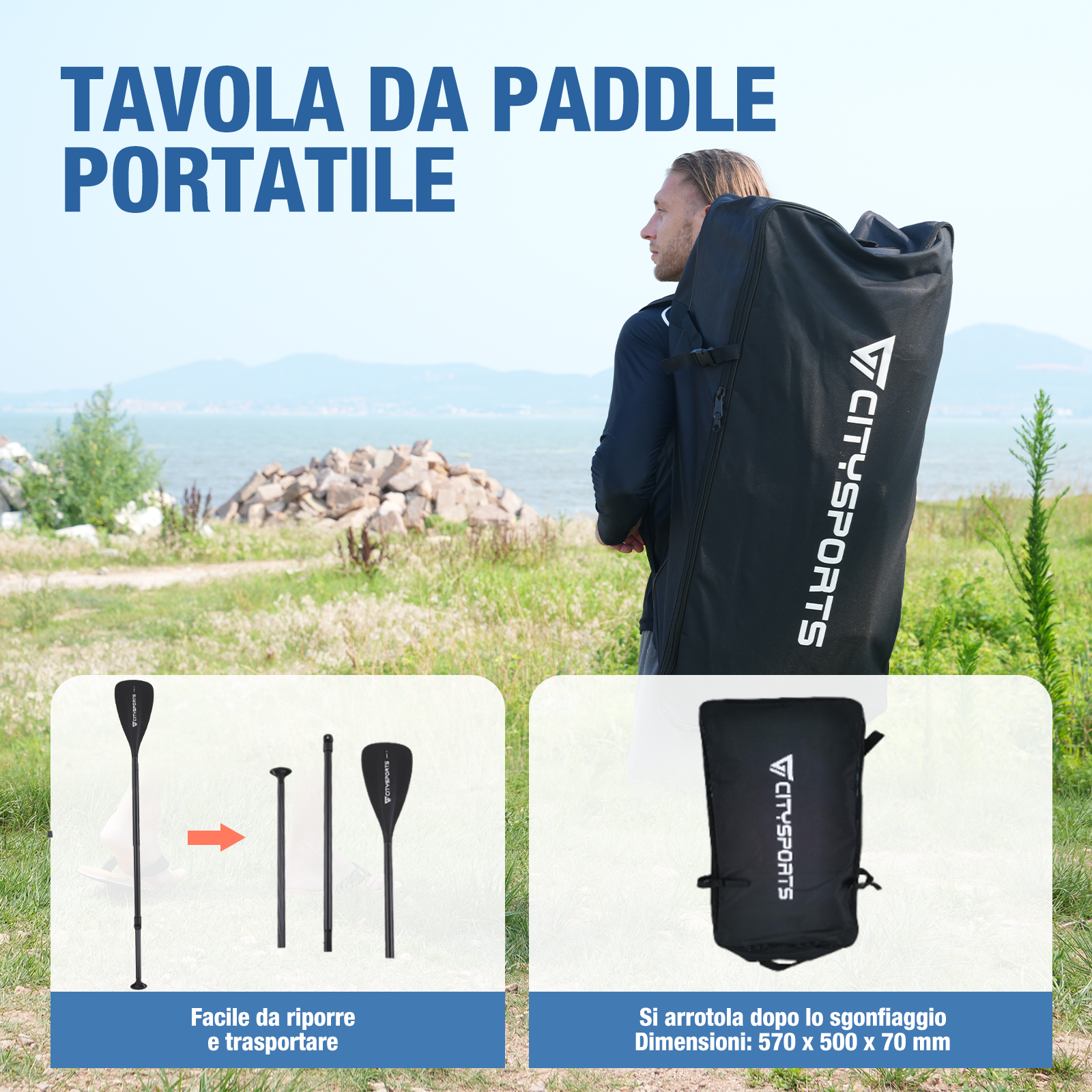 Uomo che trasporta la borsa del paddleboard su un campo verde, con dettagli della pagaia e della borsa.