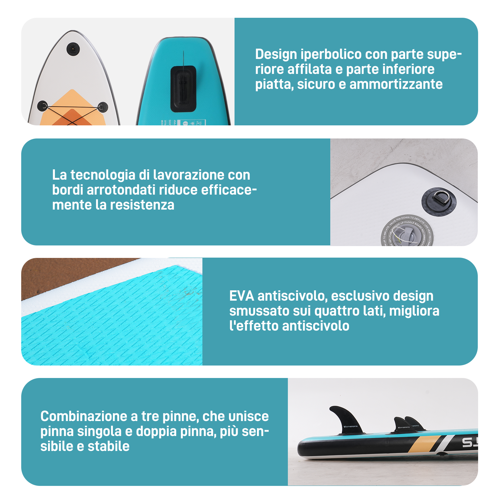 Dettagli del paddleboard: design, bordi arrotondati, EVA e combinazione di pinne.