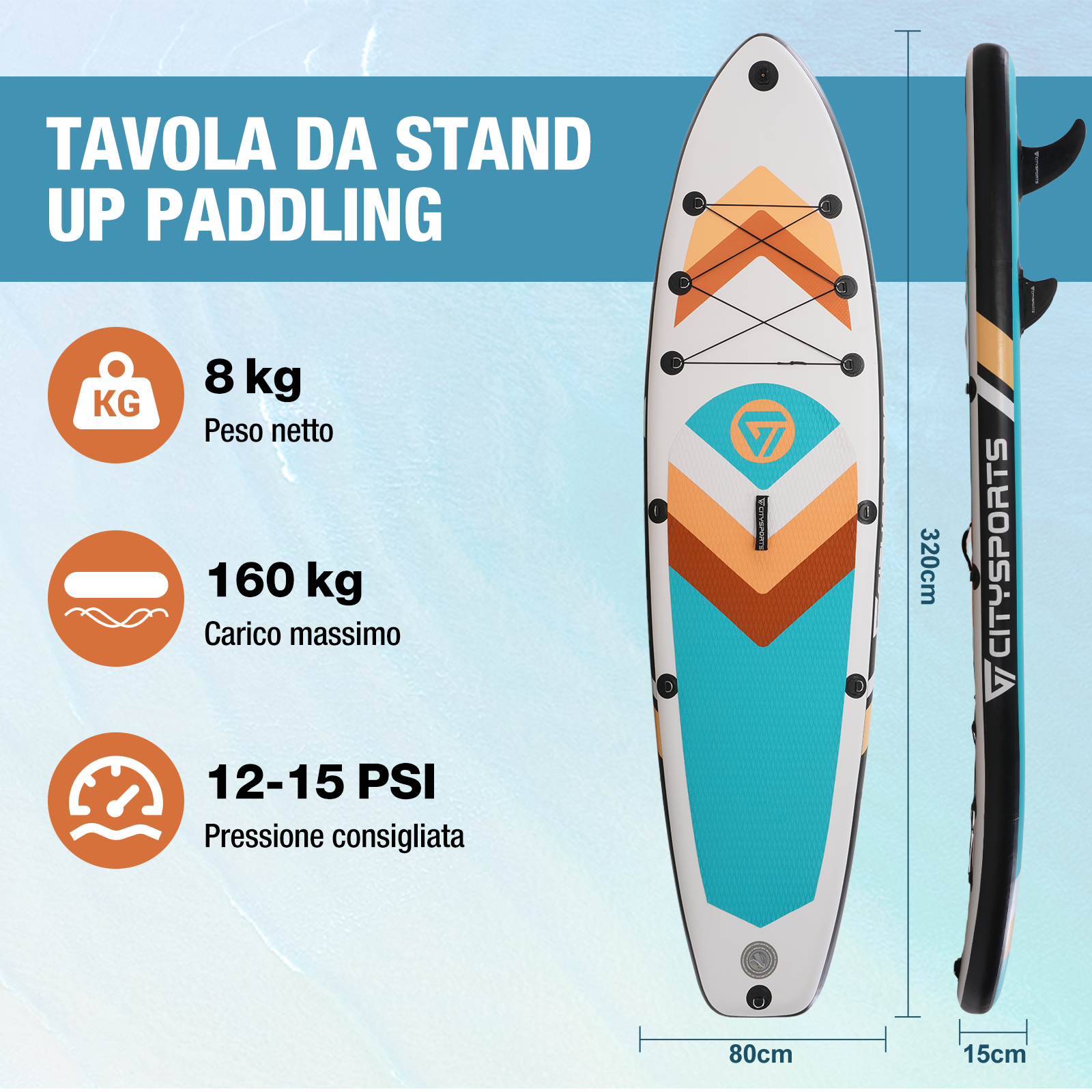 Una tavola da stand-up paddle con dimensioni e dettagli del peso. Ha una combinazione di colori bianco, arancione e verde acqua e il marchio CITYSPORTS.