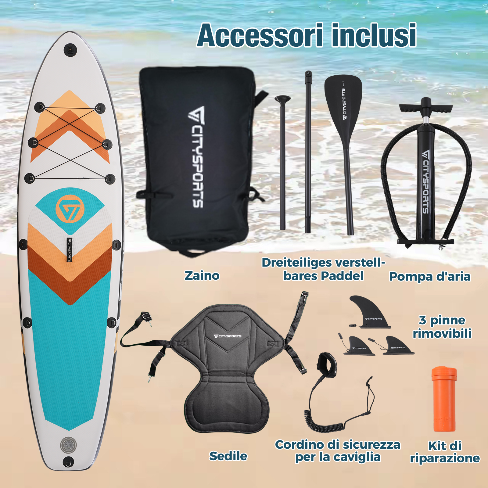 Set paddleboard con borsa, pagaia, pompa, pinne, sedile, guinzaglio e kit di riparazione sulla spiaggia.