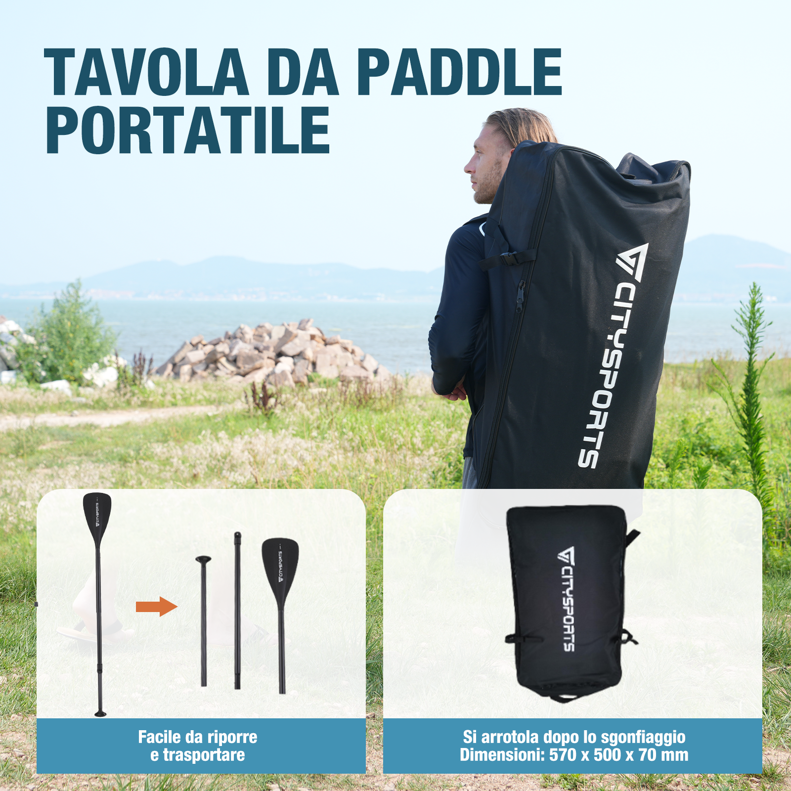 Uomo che trasporta la borsa del paddleboard su un campo verde, con dettagli della pagaia e della borsa.
