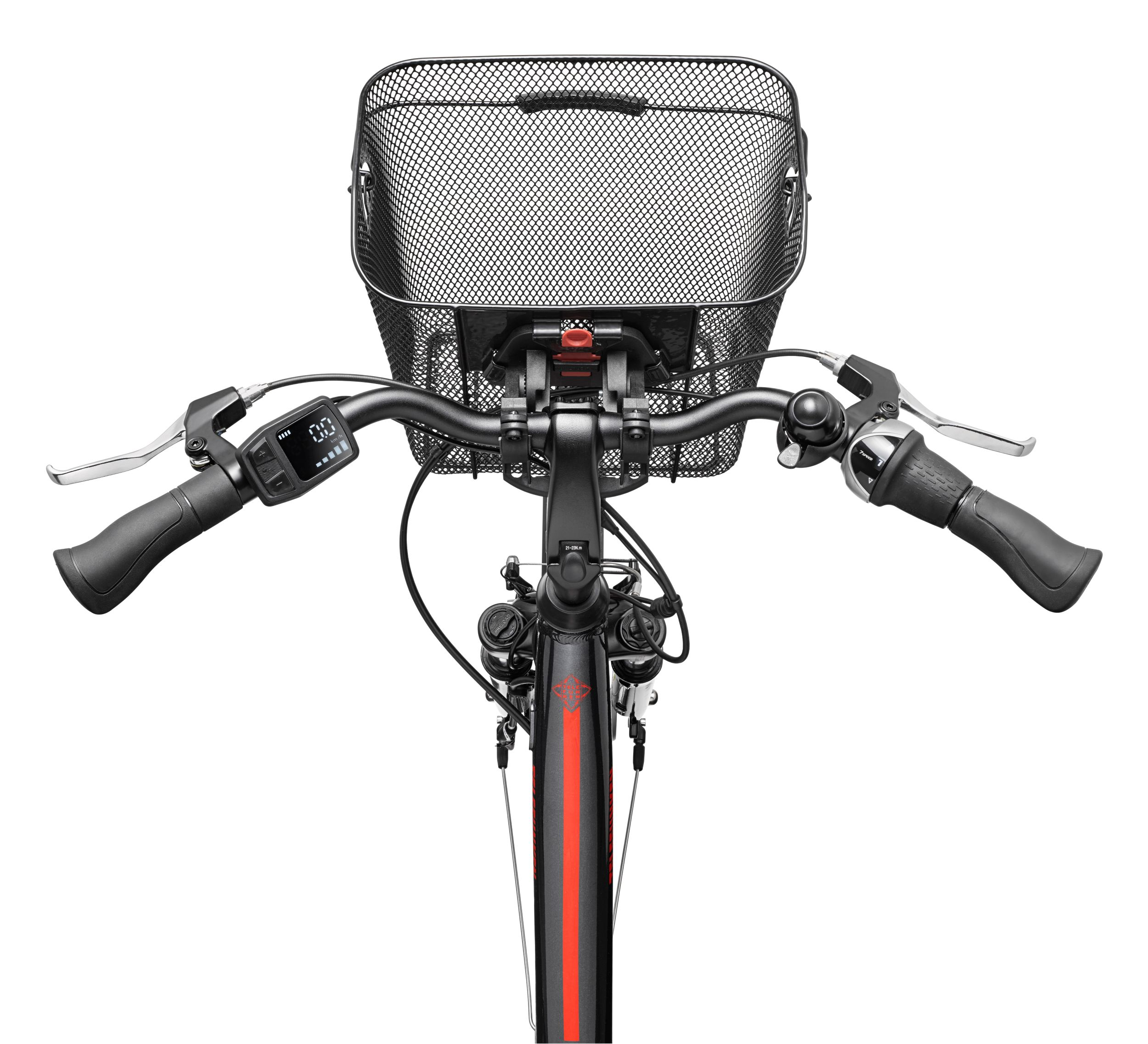 Draufsicht auf einen E-Bike-Lenker mit Korb. Es zeigt den Lenker, die Bedienelemente und das Vorderrad.