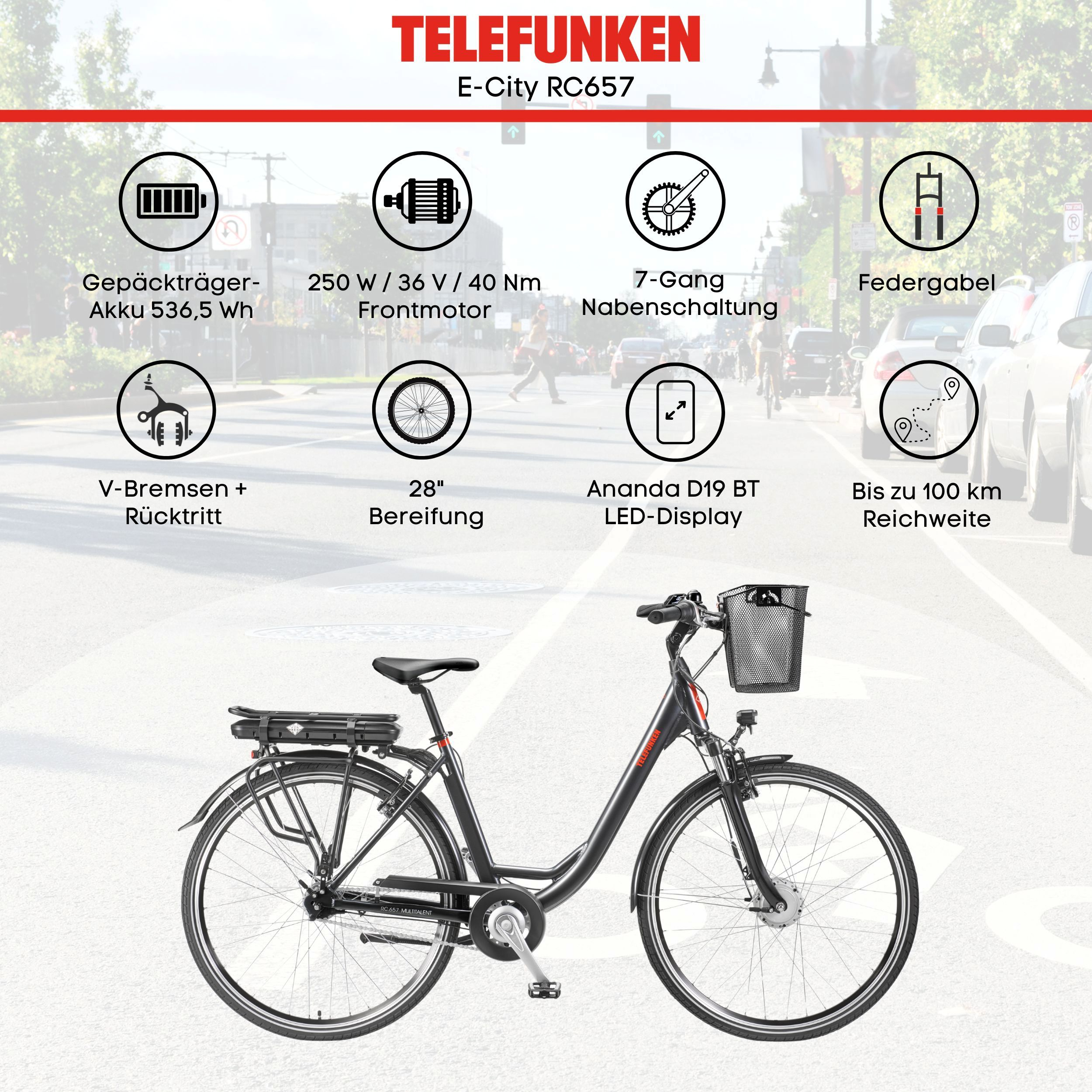 Schwarzes Elektrofahrrad mit Textlabels. Enthält Batterie, Motor, Gänge, Display, Bremsen und Reichweitenangaben. Stadt Hintergrund.