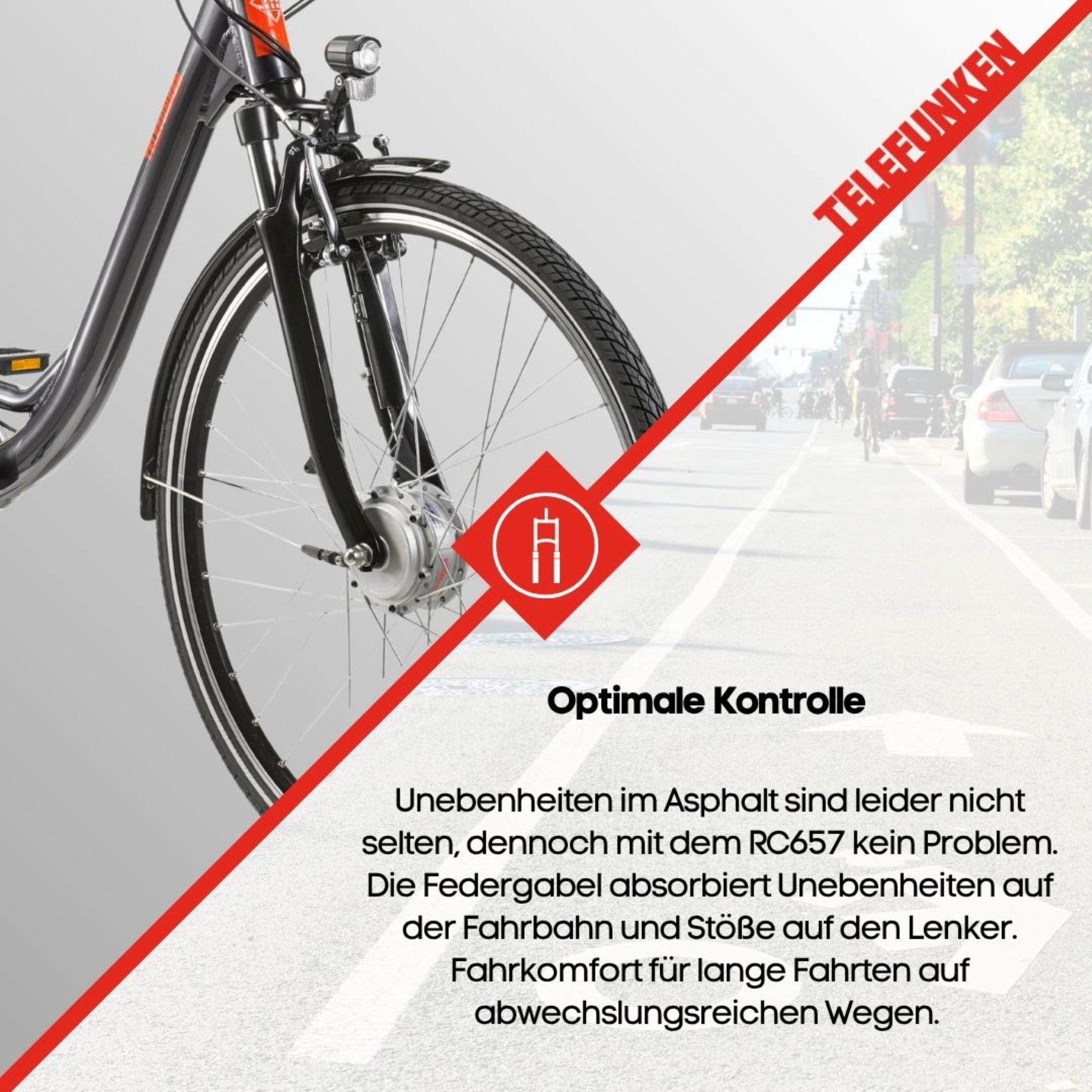 Ein E-Bike mit rotem Akzent wird mit Text über optimale Kontrolle gezeigt. Autos und eine Straße sind im Hintergrund.