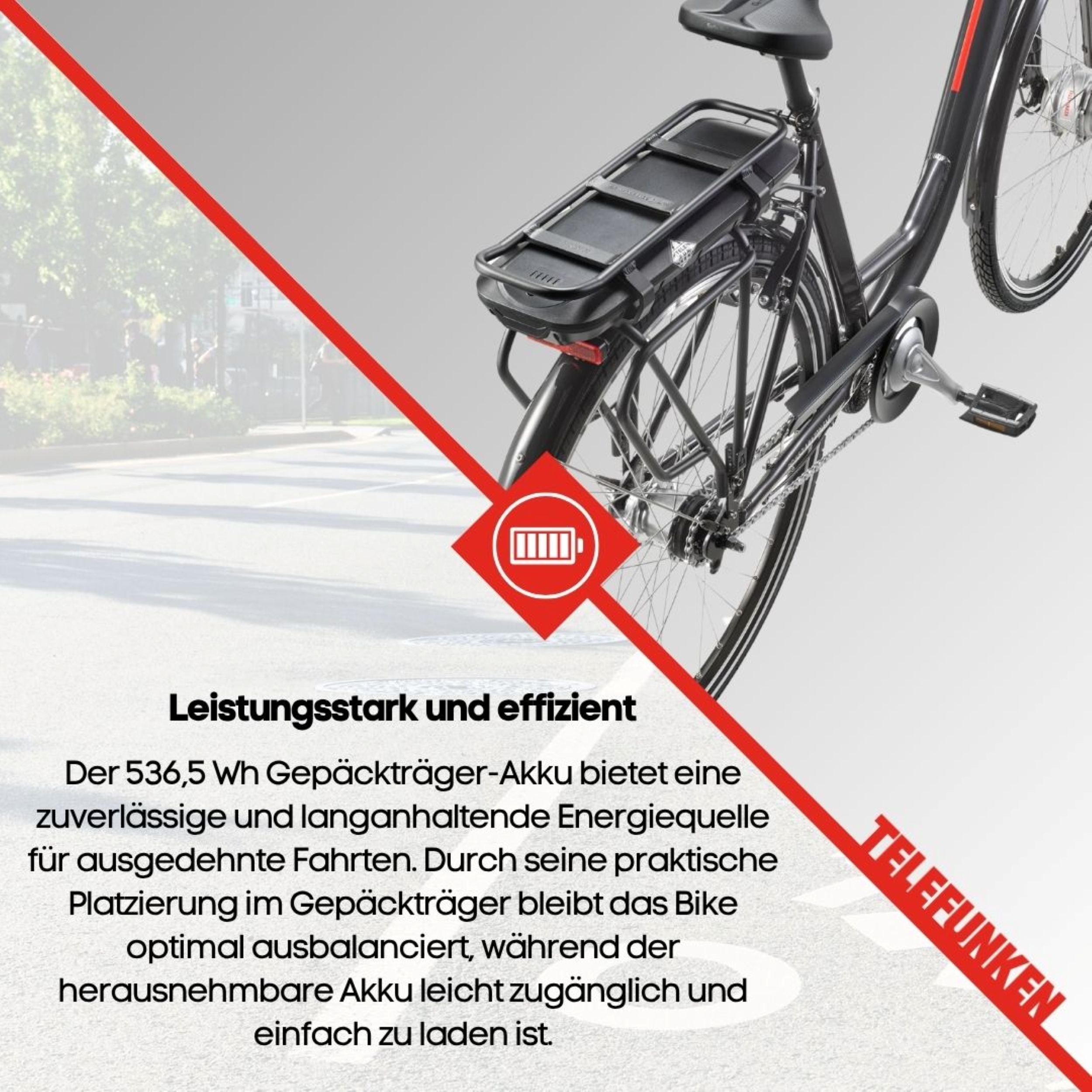 Der E-Bike-Akku wird mit Text über seine Leistung im Heckbereich des Fahrrads hervorgehoben.