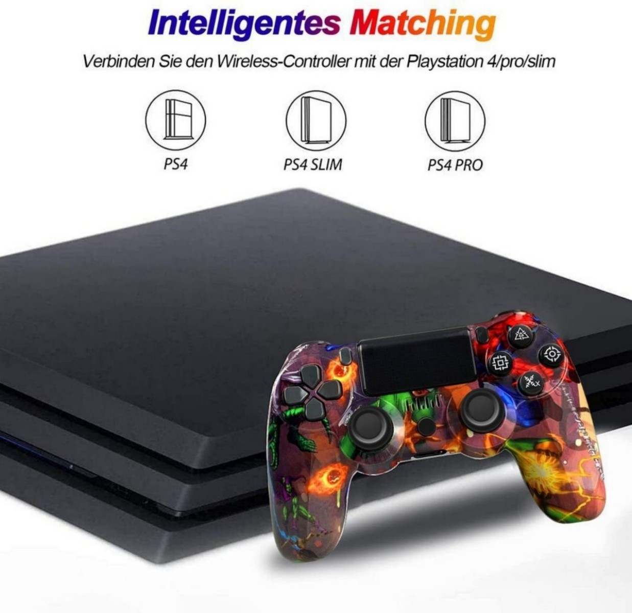 Eine Playstation 4 Konsole neben einem farbenfrohen Gamecontroller. Text zeigt kompatible Modelle: PS4, PS4 Slim, PS4 Pro.