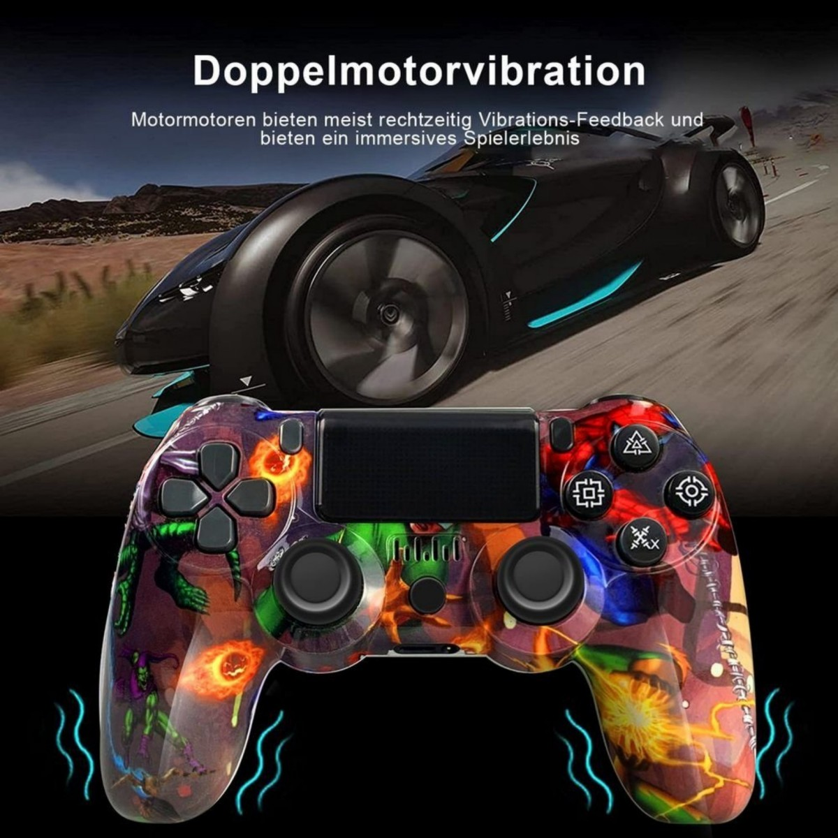 Ein farbenfroher Gamecontroller vor schwarzem Hintergrund. Ein Sportwagen ist im Hintergrund. Text sagt Doppelmotorvibration.