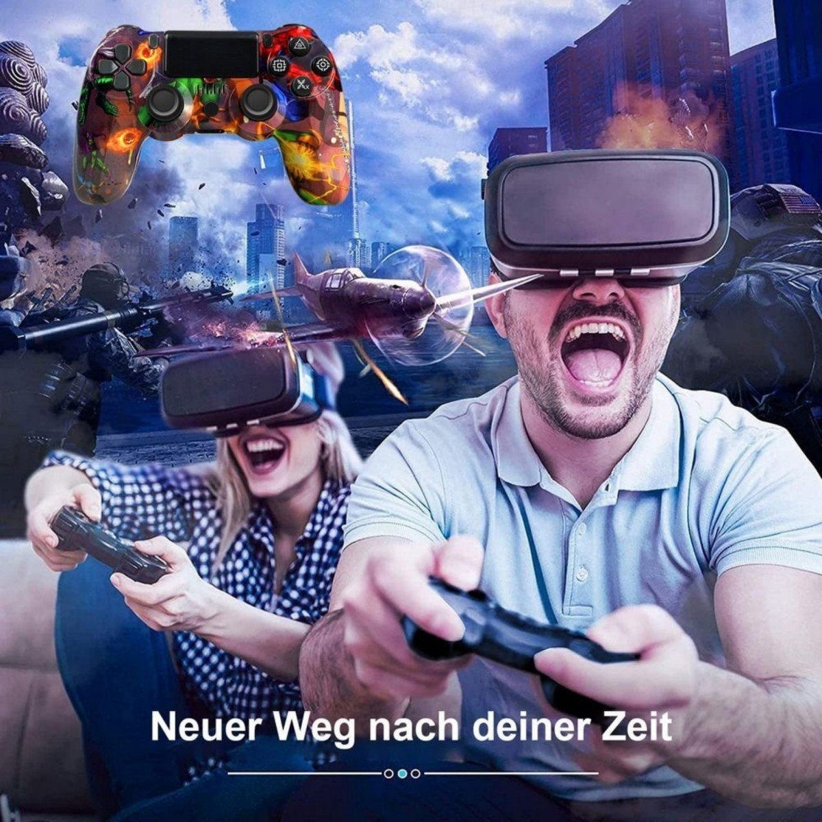 Leute mit VR-Headsets spielen Videospiele. Ein Controller schwebt über den beiden Spielern. Hintergrund zeigt eine Stadt und Flugzeuge.
