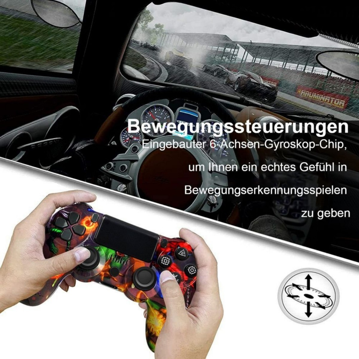 Hände halten einen bunten Gamecontroller. Ein Rennspiel wird auf dem Bildschirm angezeigt. Text sagt Bewegungssteuerungen.