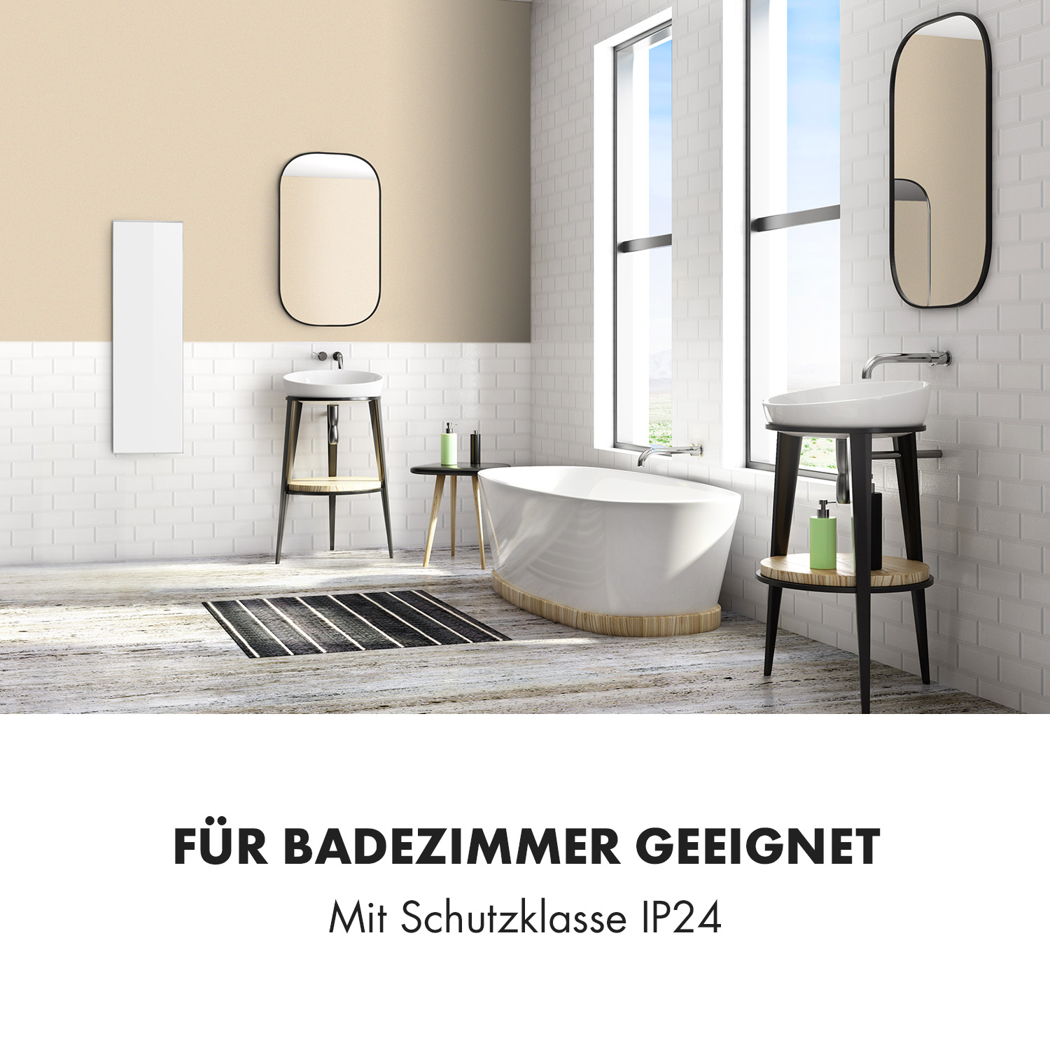 Un bagno moderno con vasca, lavandini, specchi e una finestra. Le pareti sono bianche con una sezione superiore beige.