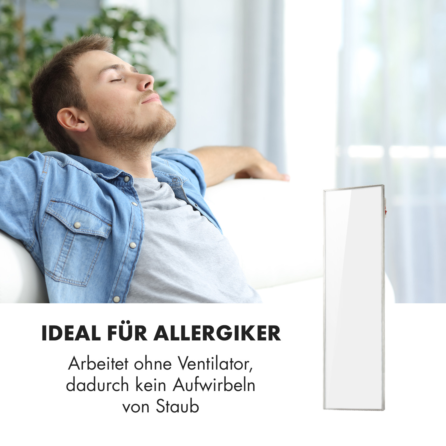 Un uomo che si rilassa accanto a un riscaldatore a parete, con un testo che indica che è privo di allergeni.