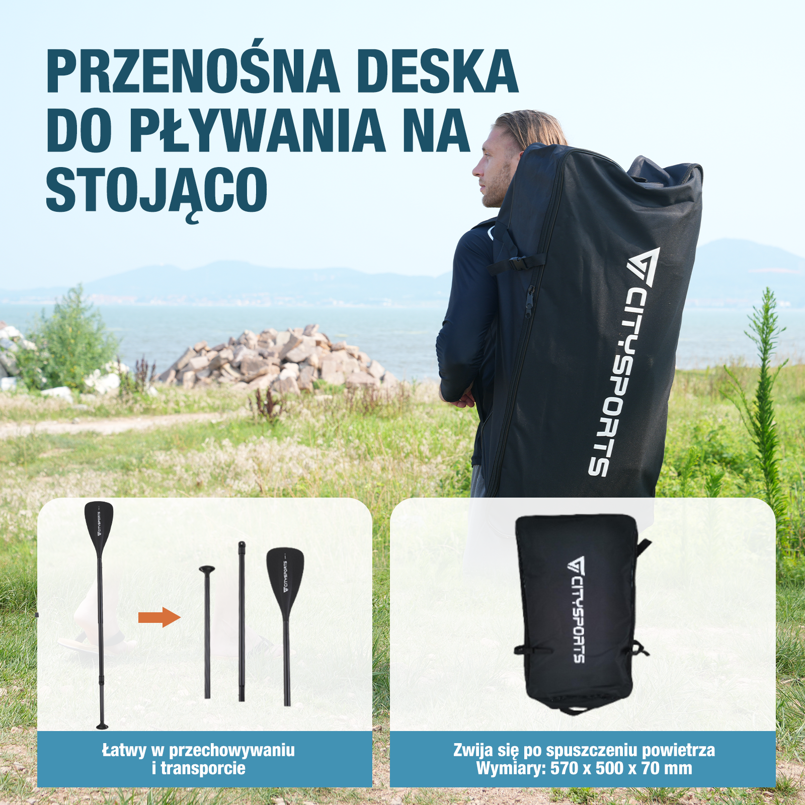 Mężczyzna niosący torbę na deskę SUP z wiosłem, złożonym wiosłem i innymi akcesoriami. Tekst: Przenośna deska SUP.