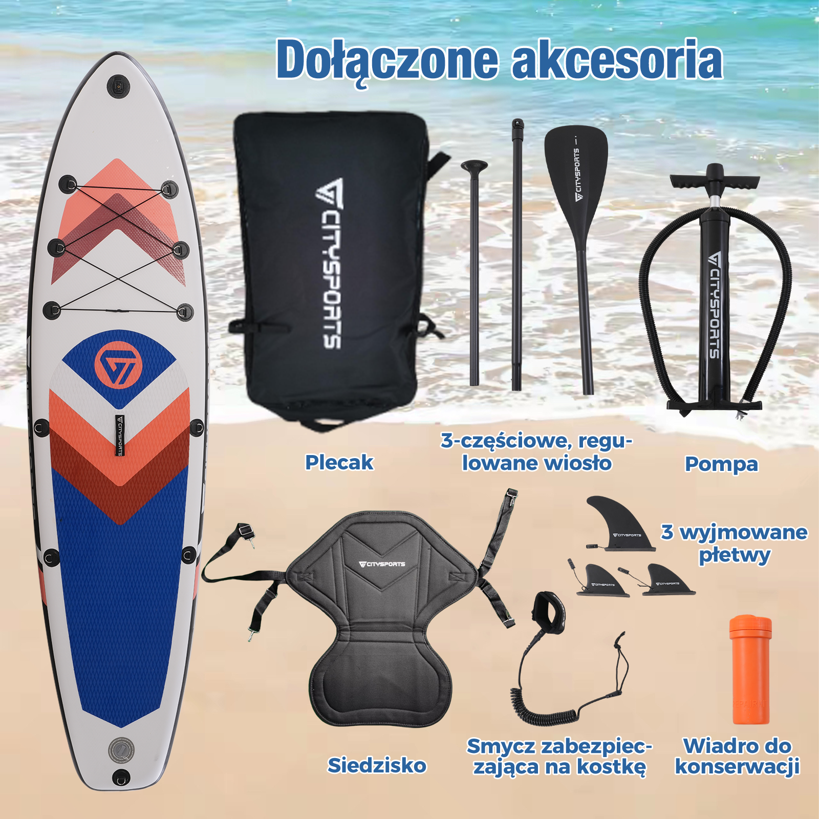 Deska SUP z akcesoriami: torba, wiosło, pompa, siedzenie, smycz na kostkę i zestaw naprawczy. Tekst: Dołączone akcesoria.