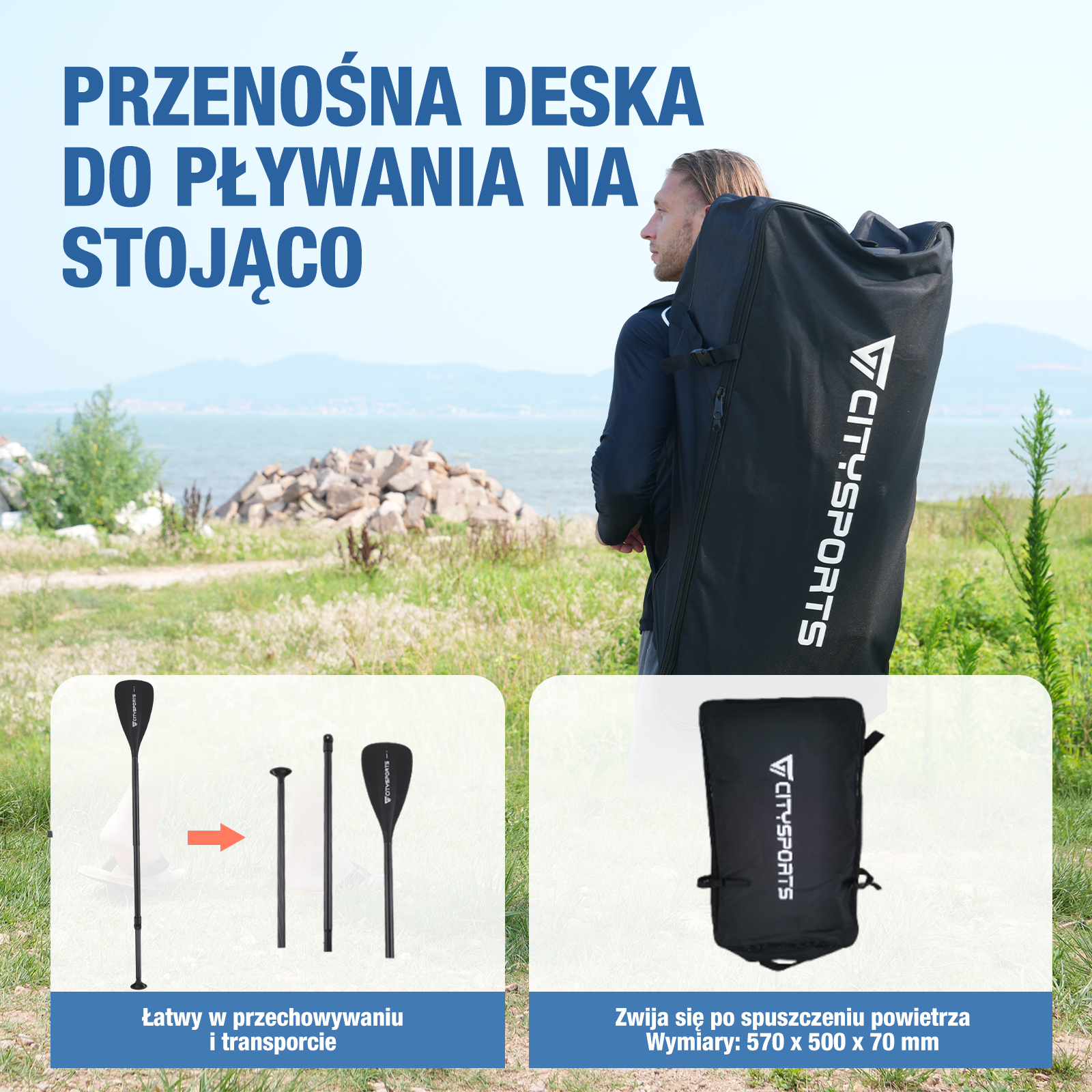 Mężczyzna niosący torbę na deskę SUP. Torba jest czarna. Obrazek pokazuje wiosło, złożone wiosło i torbę transportową.