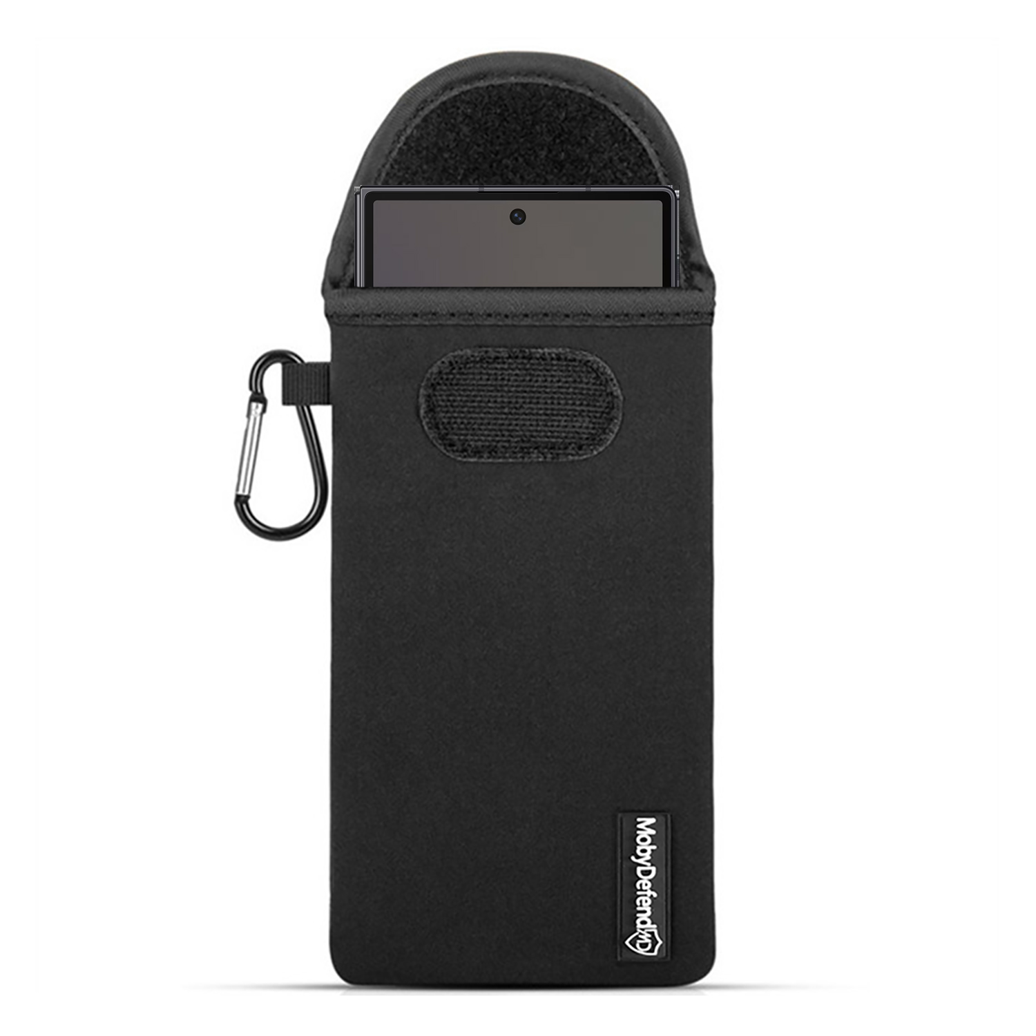 Een zwarte telefoonhoes met een telefoon erin, een zwarte bovenkant en een karabijnhaak.