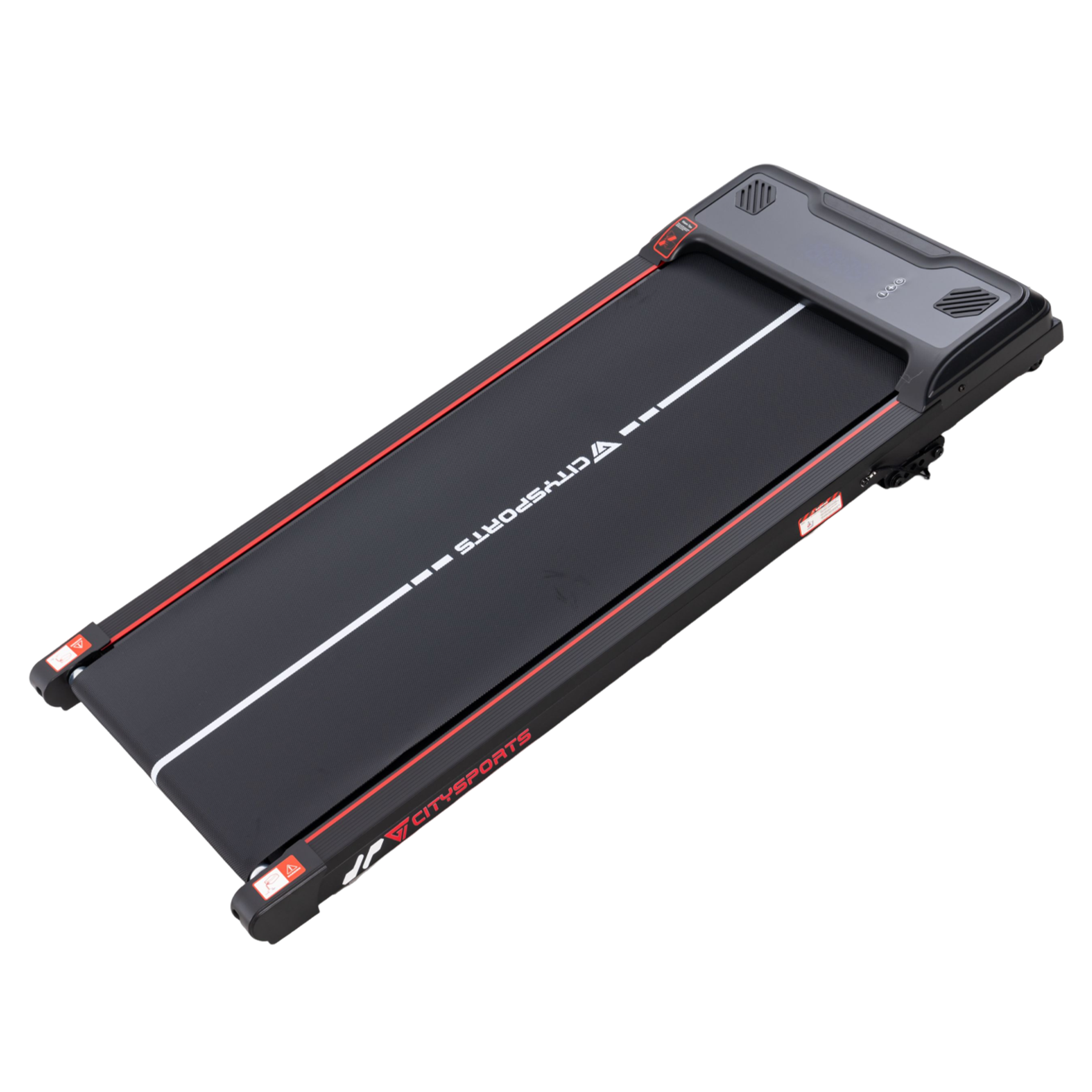 Un tapis roulant nero con bordo rosso e una linea bianca al centro.