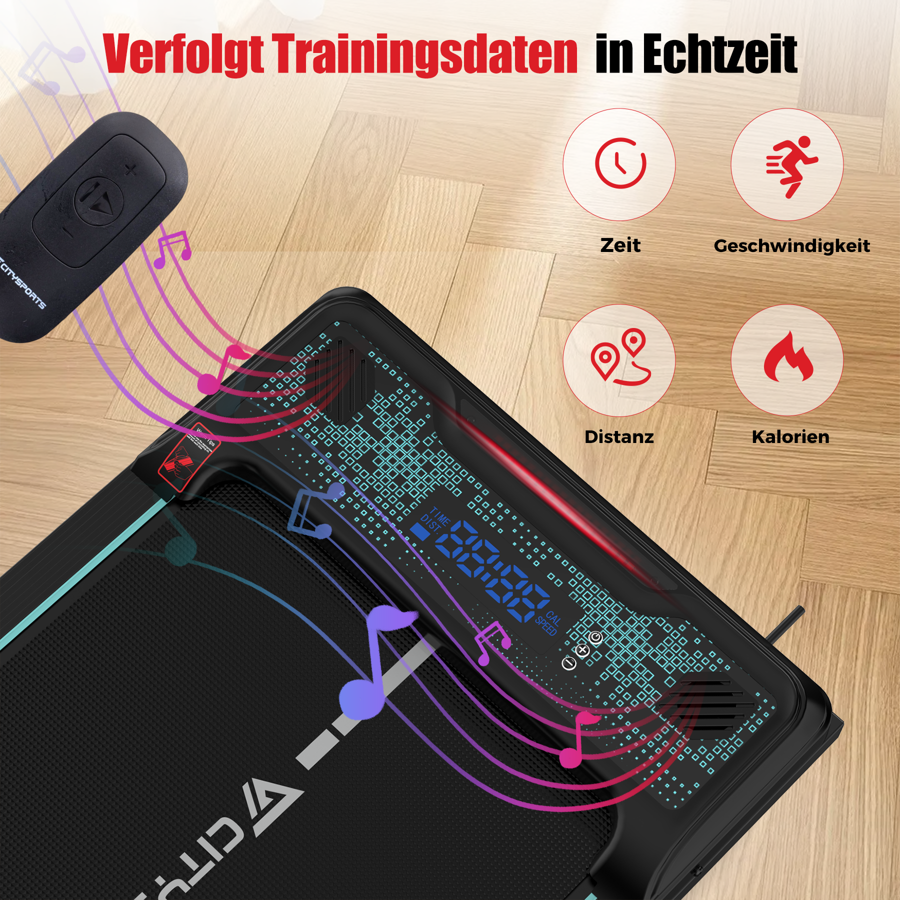 Laufband mit Fernbedienung, mit Noten. Zeigt Zeit, Geschwindigkeit, Distanz und Kalorien an.