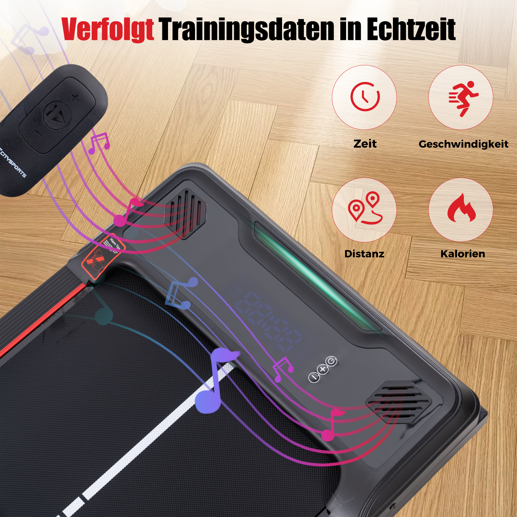 Laufband mit Fernbedienung, mit Noten. Zeigt Zeit, Geschwindigkeit, Distanz und Kalorien an.