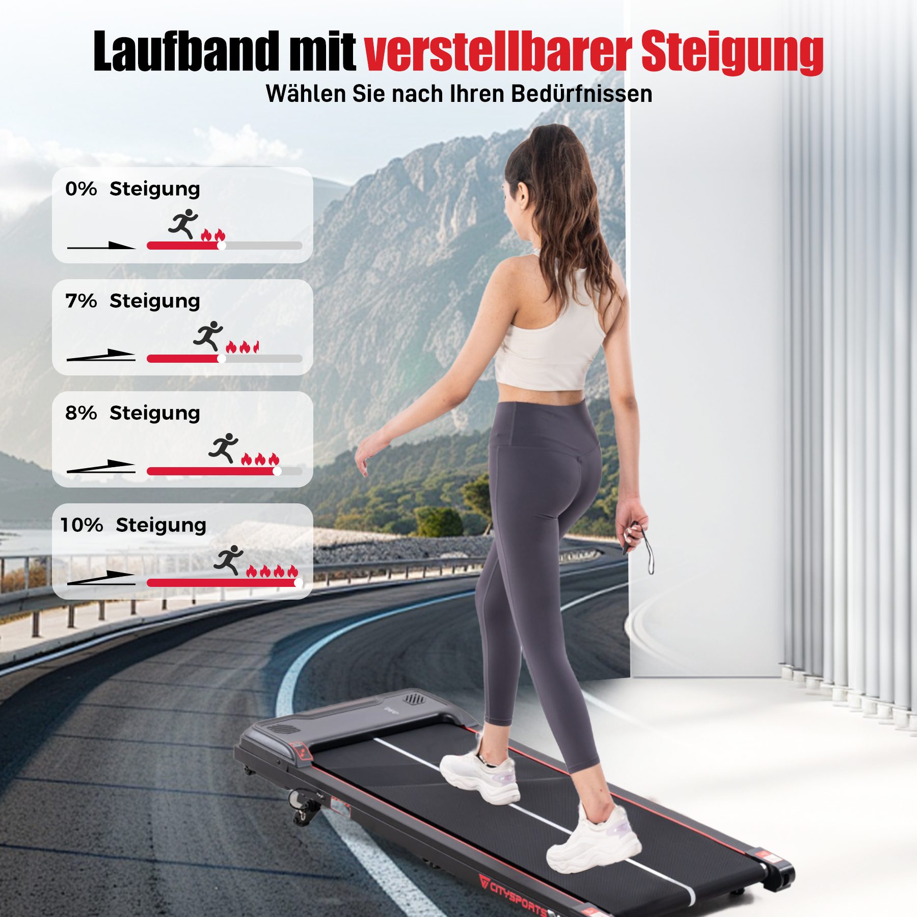 Frau, die auf einem Laufband mit verstellbarer Steigung geht. Grafiken zeigen Steigungsebenen. Hintergrund ist ein Bergpanorama.