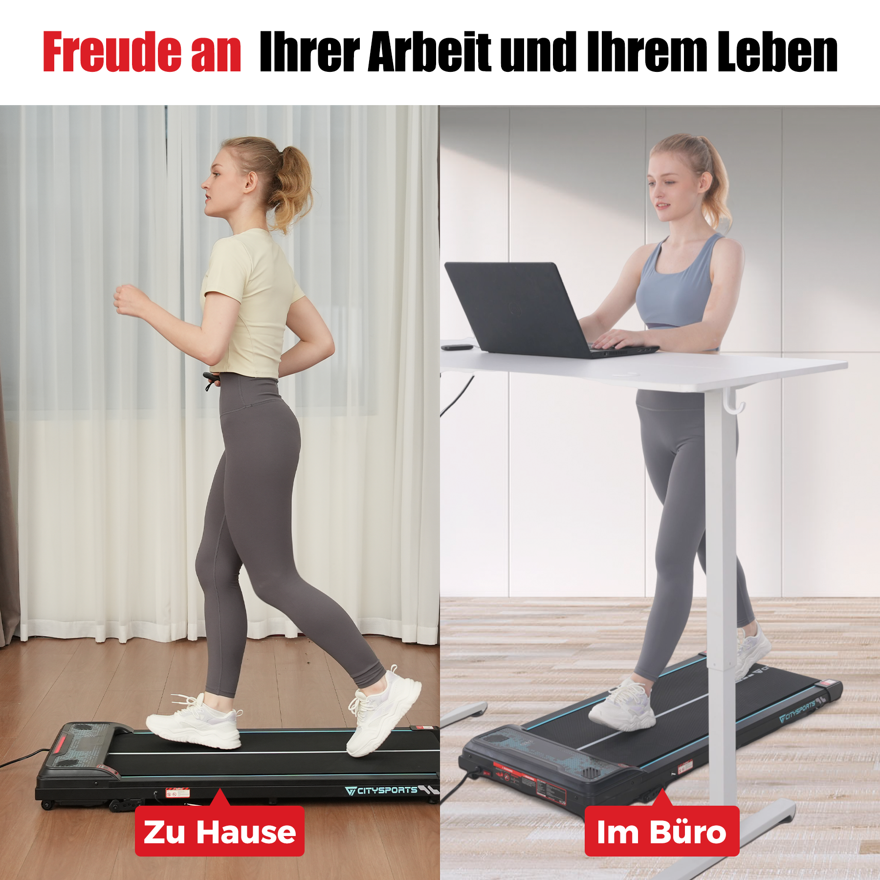 Das Bild zeigt eine Frau, die zu Hause und im Büro auf einem Laufband läuft. Das Laufband steht im Mittelpunkt des Bildes.