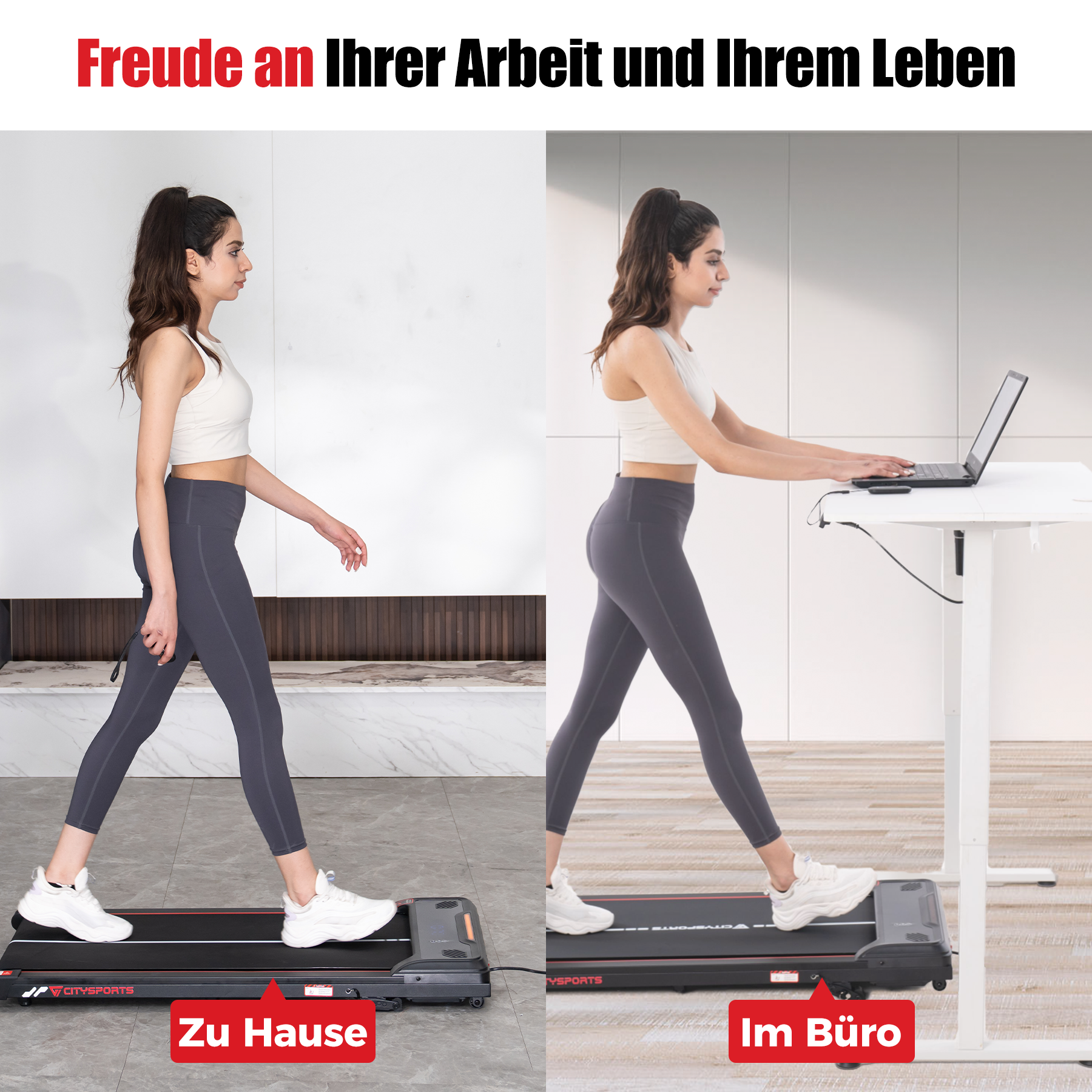 Das Bild zeigt eine Frau, die zu Hause und im Büro auf einem Laufband geht. Das Laufband steht im Mittelpunkt des Bildes.