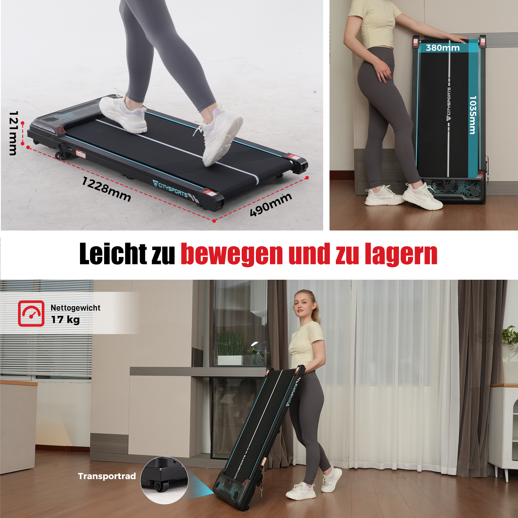 Das Bild zeigt eine Frau, die ein Laufband mit Abmessungen anhebt und verstaut. Das Laufband hat Räder für einfaches Bewegen.