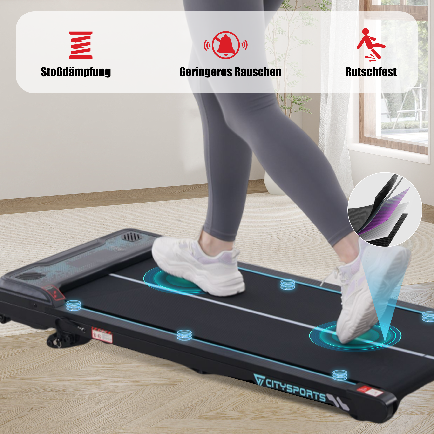 Frau geht auf einem Laufband. Grafiken zeigen Stoßdämpfung, Geräuschreduzierung und Anti-Rutsch-Eigenschaften. Hintergrund ist ein Zuhause.
